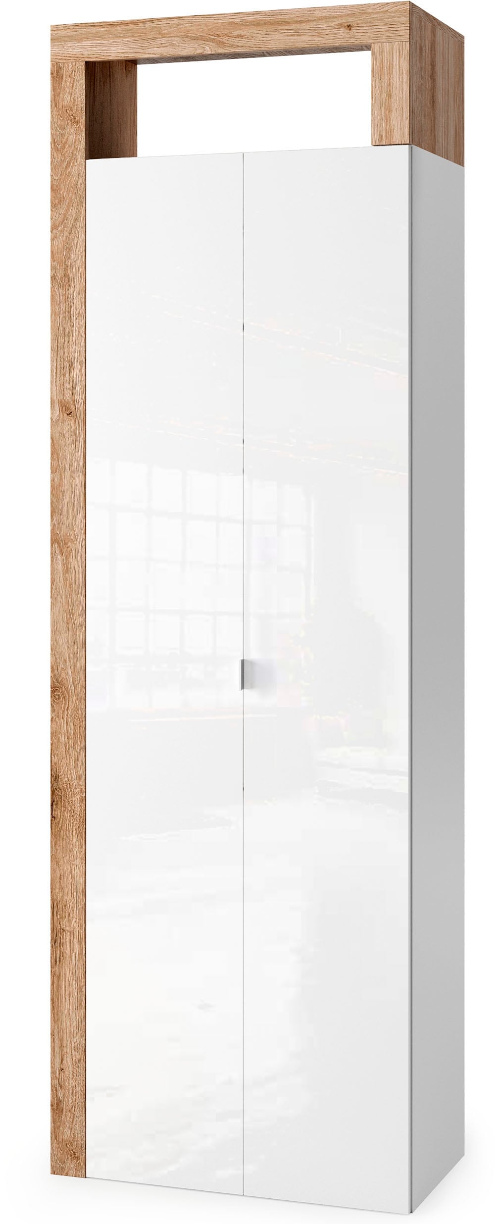 welltime Hochschrank "Hamburg Höhe 195 cm, Breite 64 cm, Badezimmerschrank mit 2 Türen," dekorativer Rahmen, offenes Fach, Metallgriff, viel Stauraum