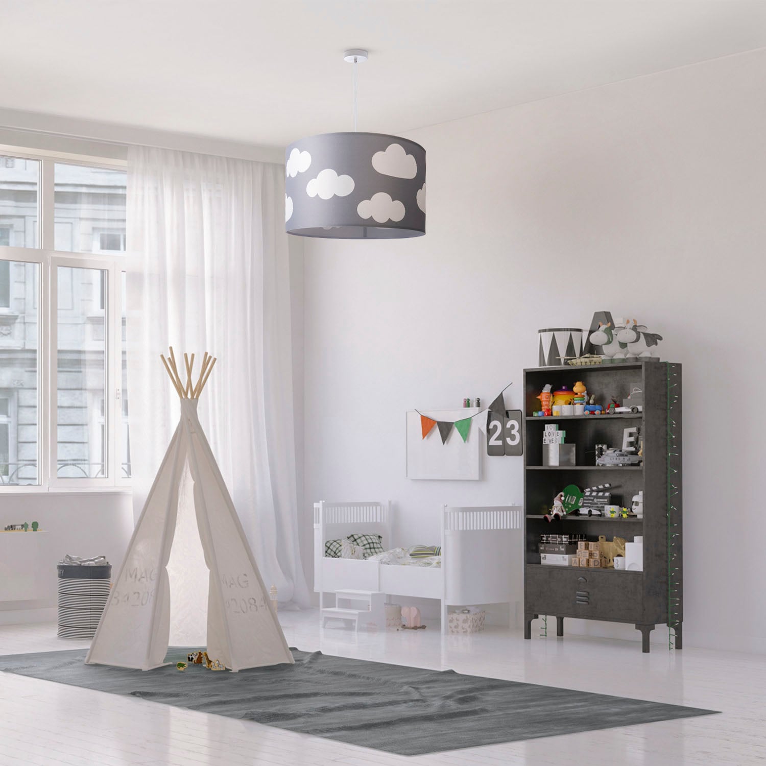 Paco Home Pendelleuchte »Hugo Cosmo« E27 Pendellampe Kinderzimmer  Wolken Himmel Stoff Lampenschirm Rund E27