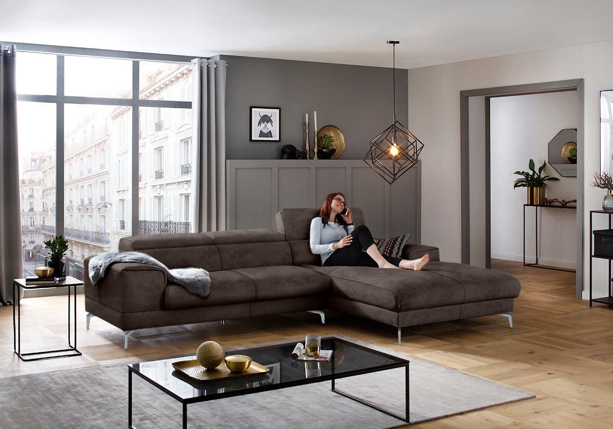W.SCHILLIG Ecksofa »piedroo, Designsofa mit tollem Sitzkomfort, bequem und elegant, L-Form«, Kopfteilverstellung, wahlweise mit Sitztiefenverstellung, Breite 303cm