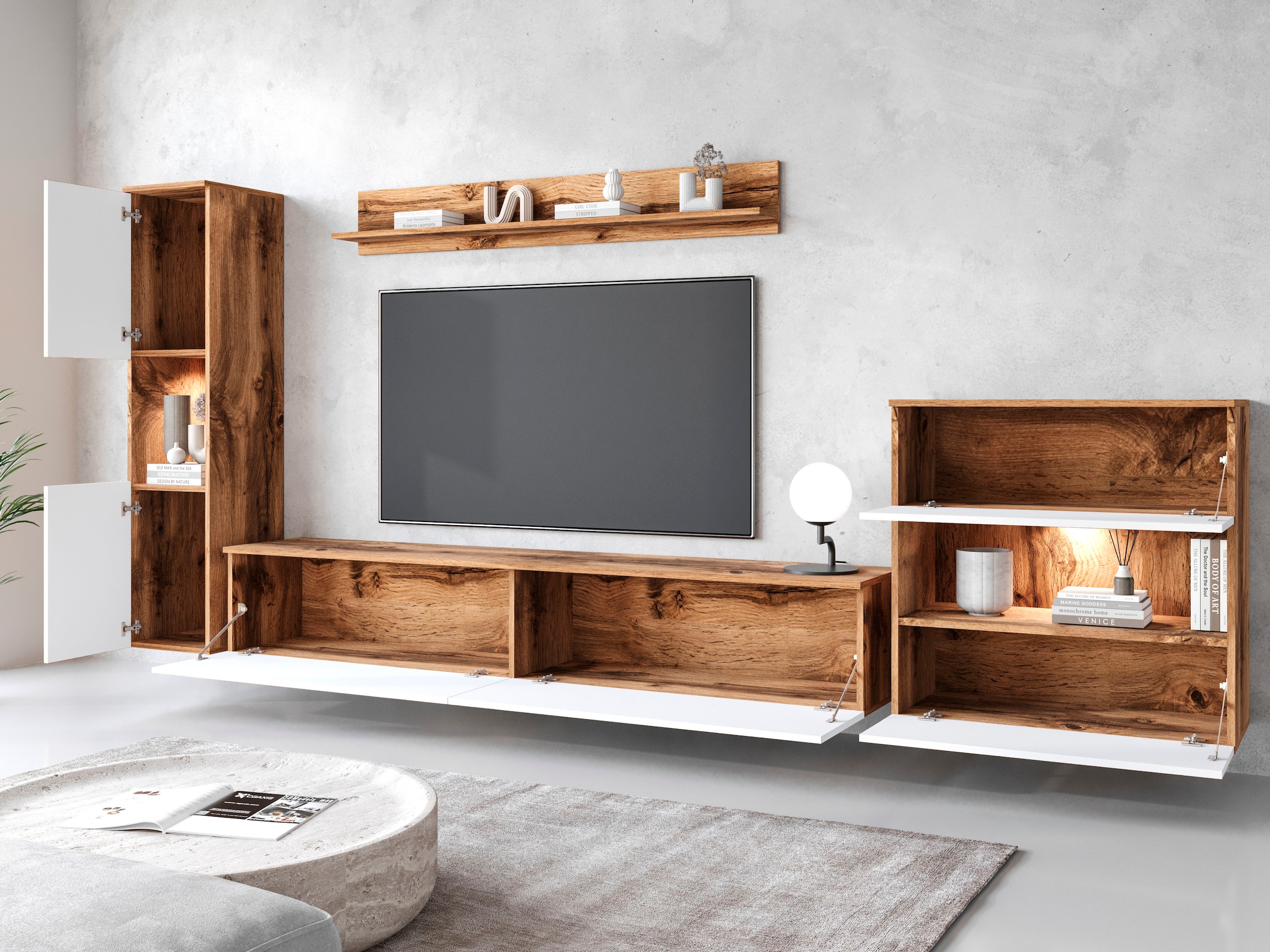 INOSIGN Wohnwand »PARIS«, (Komplett-Set, 4 St.), TV-Wand 300cm breite, grifflose Design, stehend und hängend montierbar