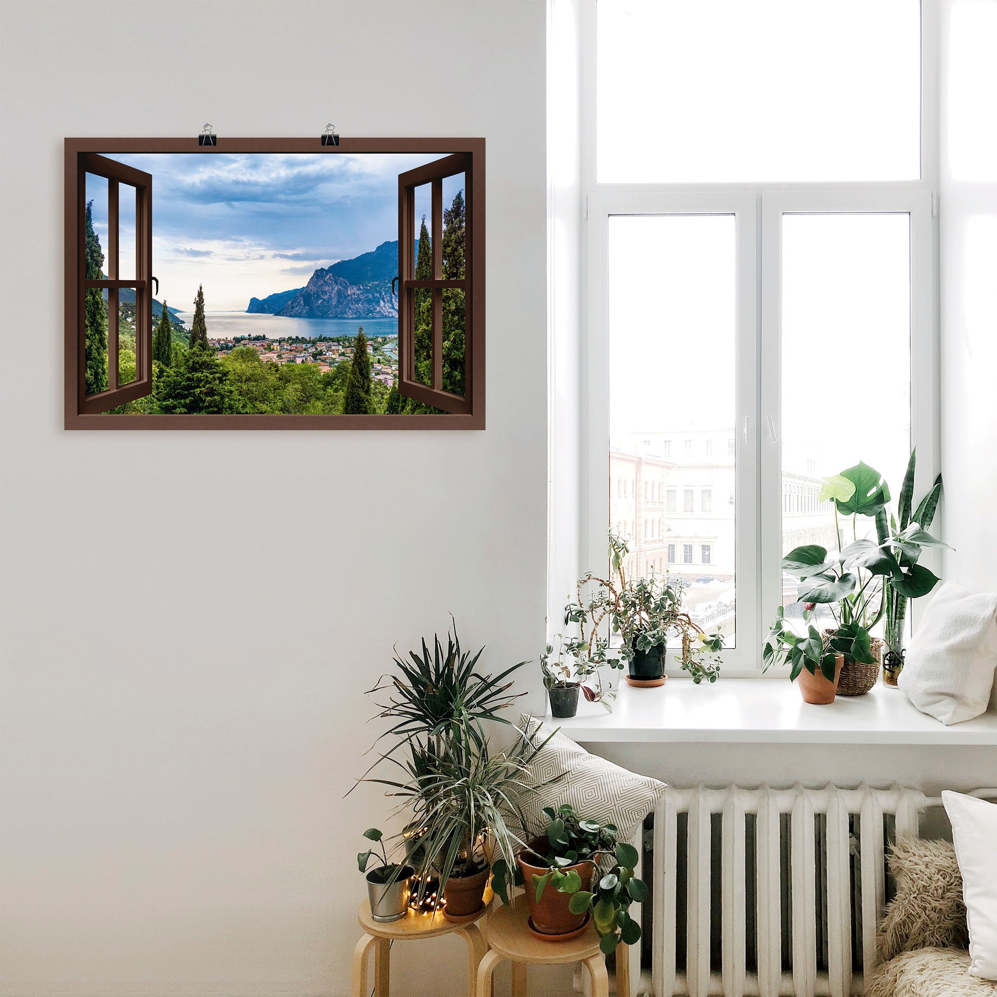Artland Wandbild »Gardasee durchs braune Fenster«, Wandaufkleber oder Raten als Poster auf Leinwandbild, in St.), Alubild, bestellen Seebilder, Größen (1 versch