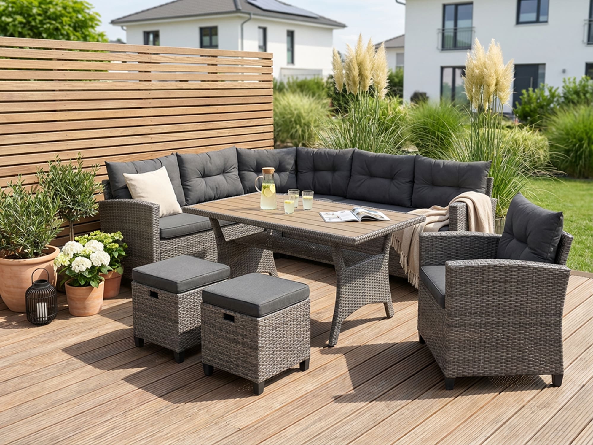 KONIFERA Gartenlounge-Set "Keros Premium" Set, 2x 2er Sofa, 1x Ecke, 1x Sessel, 2x Hocker, 1x Tisch 145x75x67,5cm, 20 Stk. tlg. Ecklounge, Polyrattan, Stahl, geeignet für 8 Personen, inkl. Auflagen