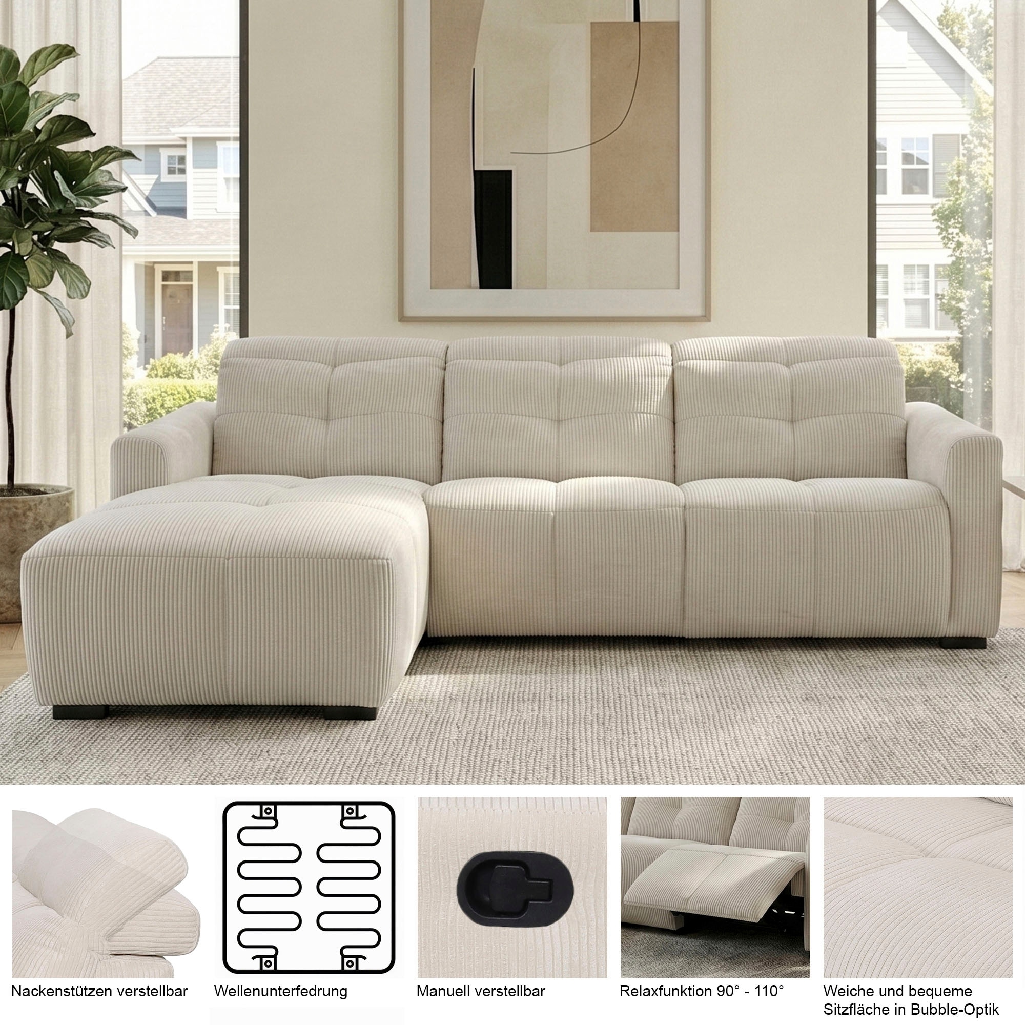 OTTO home Ecksofa »CAARLA Webstoff, L-Form, 261 cm, man. o. elektr. Relaxfunktion (USB)« mit USB-A und USB-C bei elektrischer Ausführung, Kopfteilverstellung