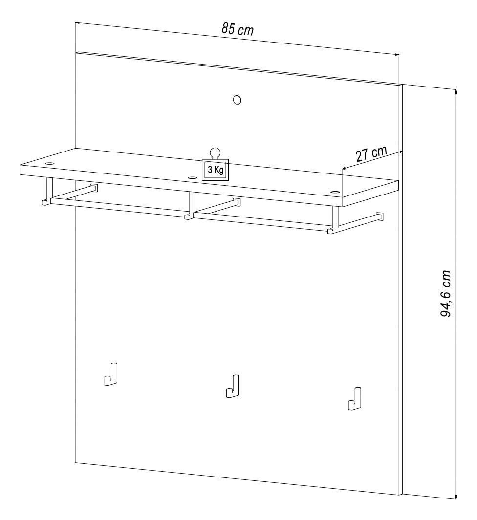 HBZ Garderobenpaneel »Milan Paneel breit, BxHxT 85x95x27 cm«, (1 St.), Paneel mit 1 Hutablage, 1 Kleiderstange, 3 Kleiderhaken