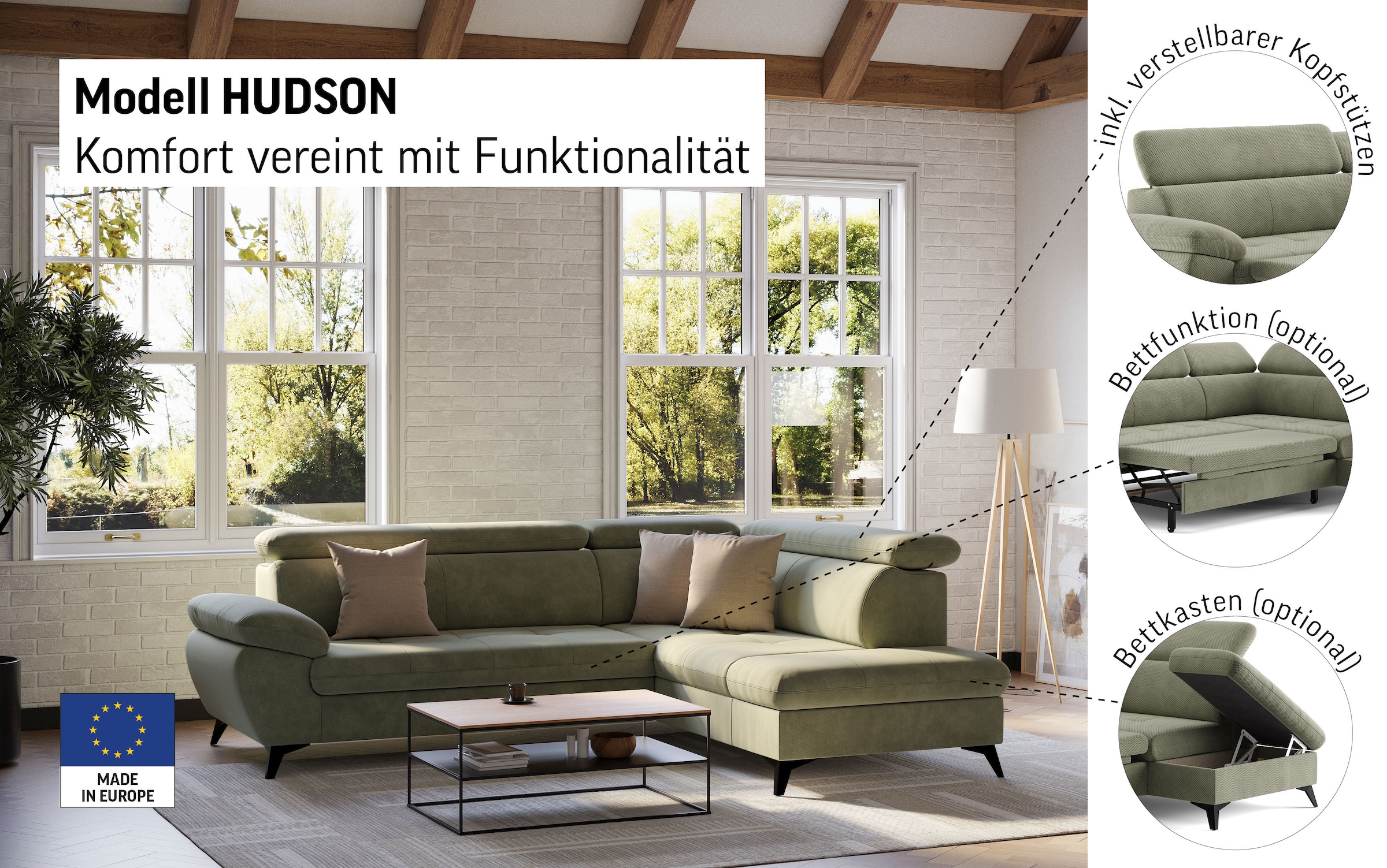 COTTA Ecksofa »Hudson L-Form«, mit Kopfteilverstellung, wahlweise mit Bettfunktion & Bettkasten