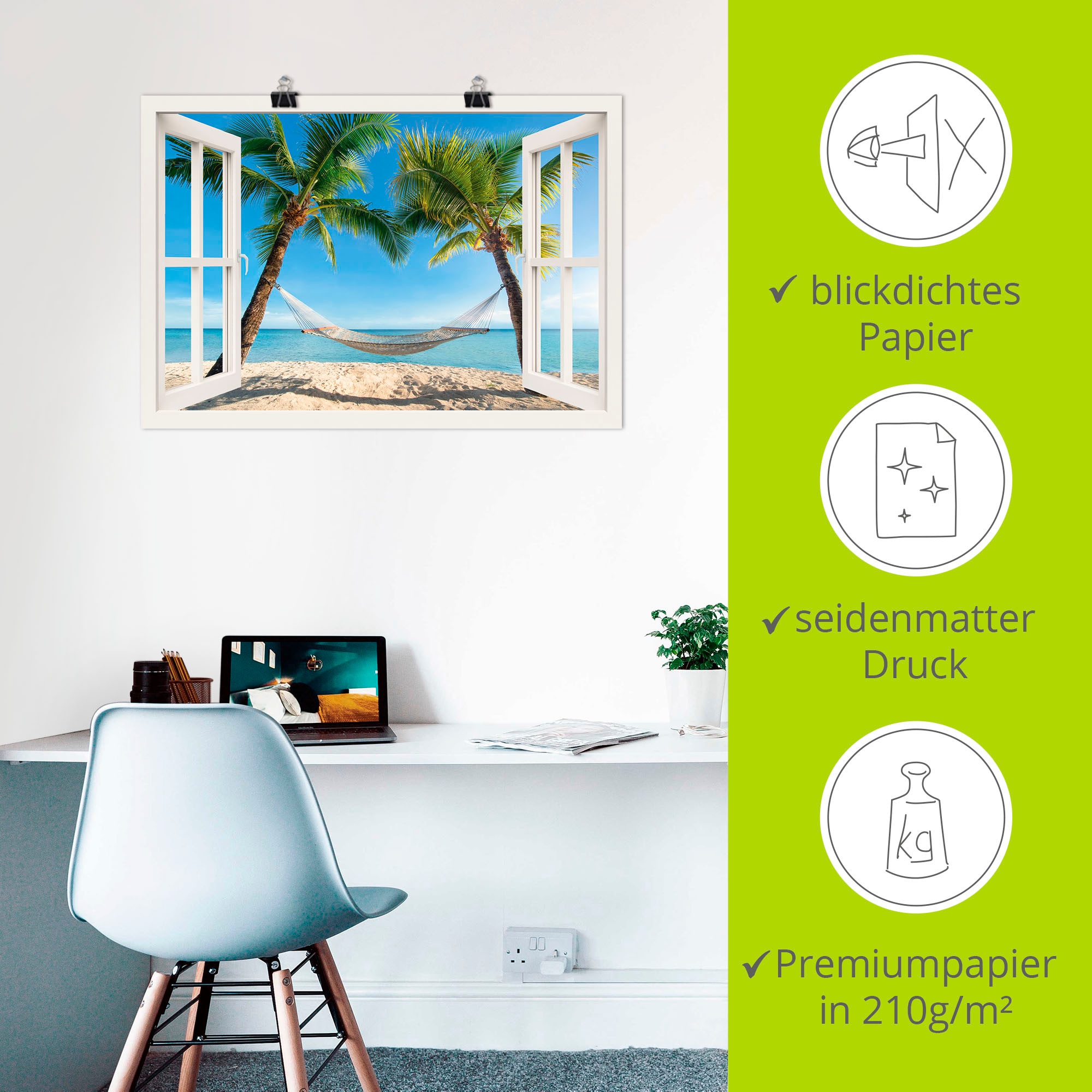 Artland Wandbild »Fensterblick Palmenstrand Karibik« Amerika 1 Stk. tlg. als Alubild, Outdoorbild, Leinwandbild, Poster, Wandaufkleber