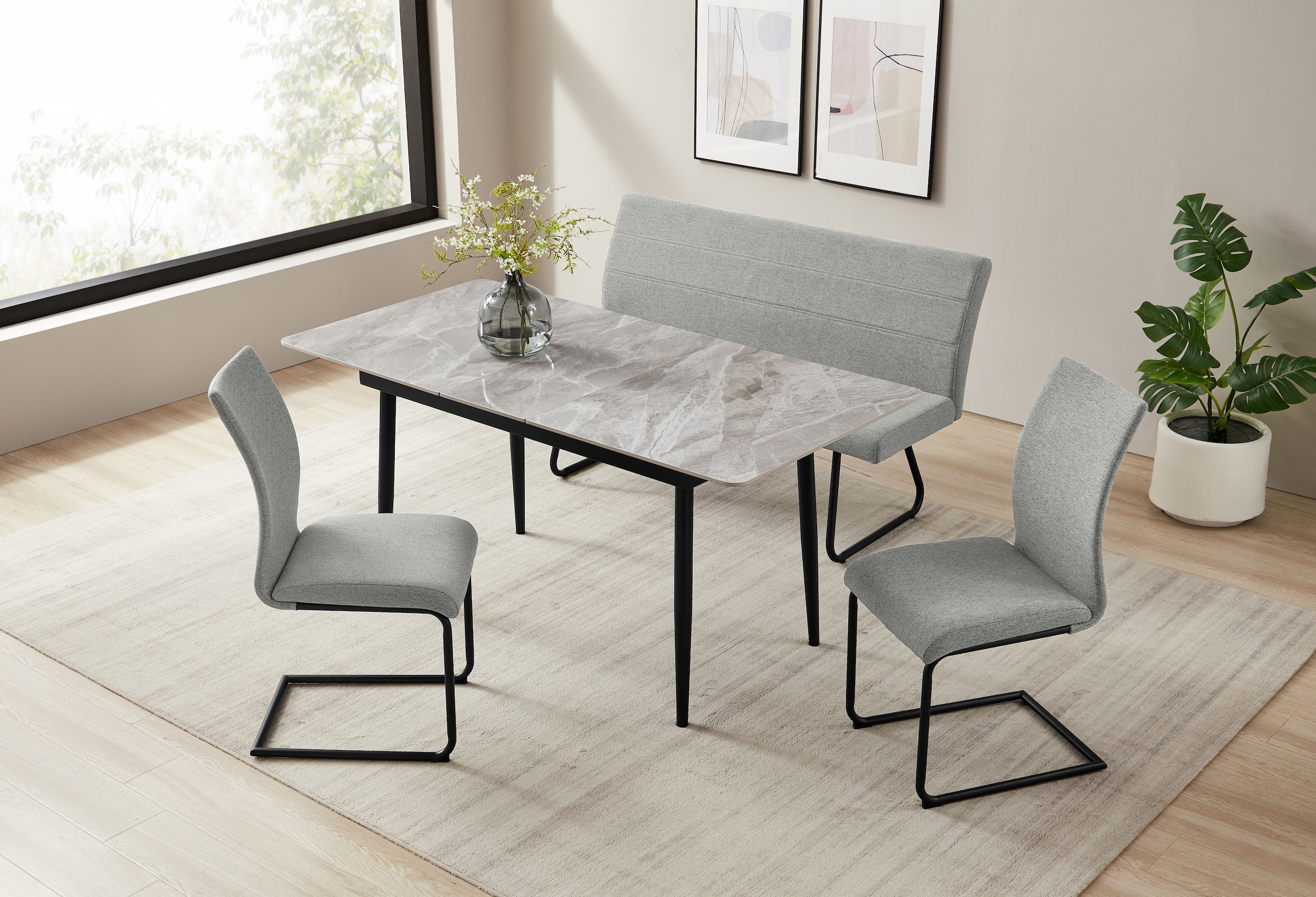 OTTO home Essgruppe »Stevian« Set, Ausziehbarer Esstisch + Bank + 2 Stühle, 4 Stk. tlg. Holz, Strukturstoffbezug, Freischwingerstühle, gesteppten Bänken