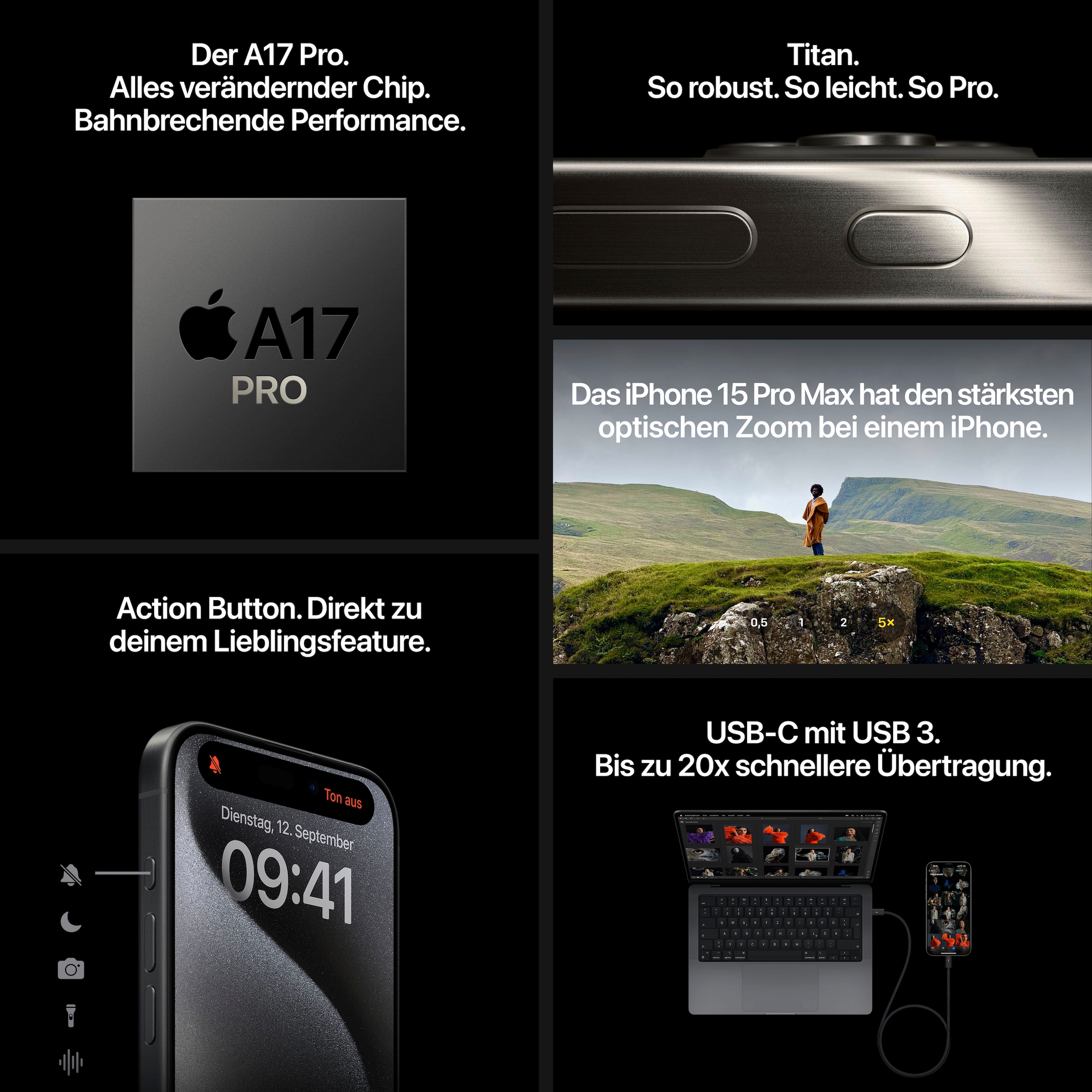 Apple Smartphone »iPhone 15 Pro 1TB«, Blue Titanium, 15,5 cm/6,1 Zoll, 1000 GB Speicherplatz, 48 MP Kamera