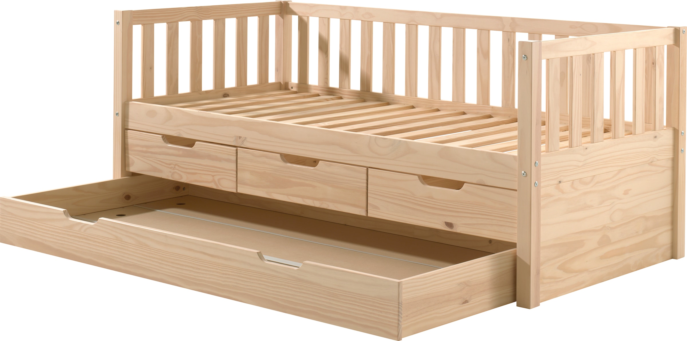 Vipack Einzelbett »mit Schubladen, Kiefer massiv, viel Stauraum und zeitloses Design«, (B/H/T ca. 211,2x85,5x97,8cm, Ausf. Milky Pine oder Weiß), inkl. Rolllattenrost, mit oder ohne Bettschublade