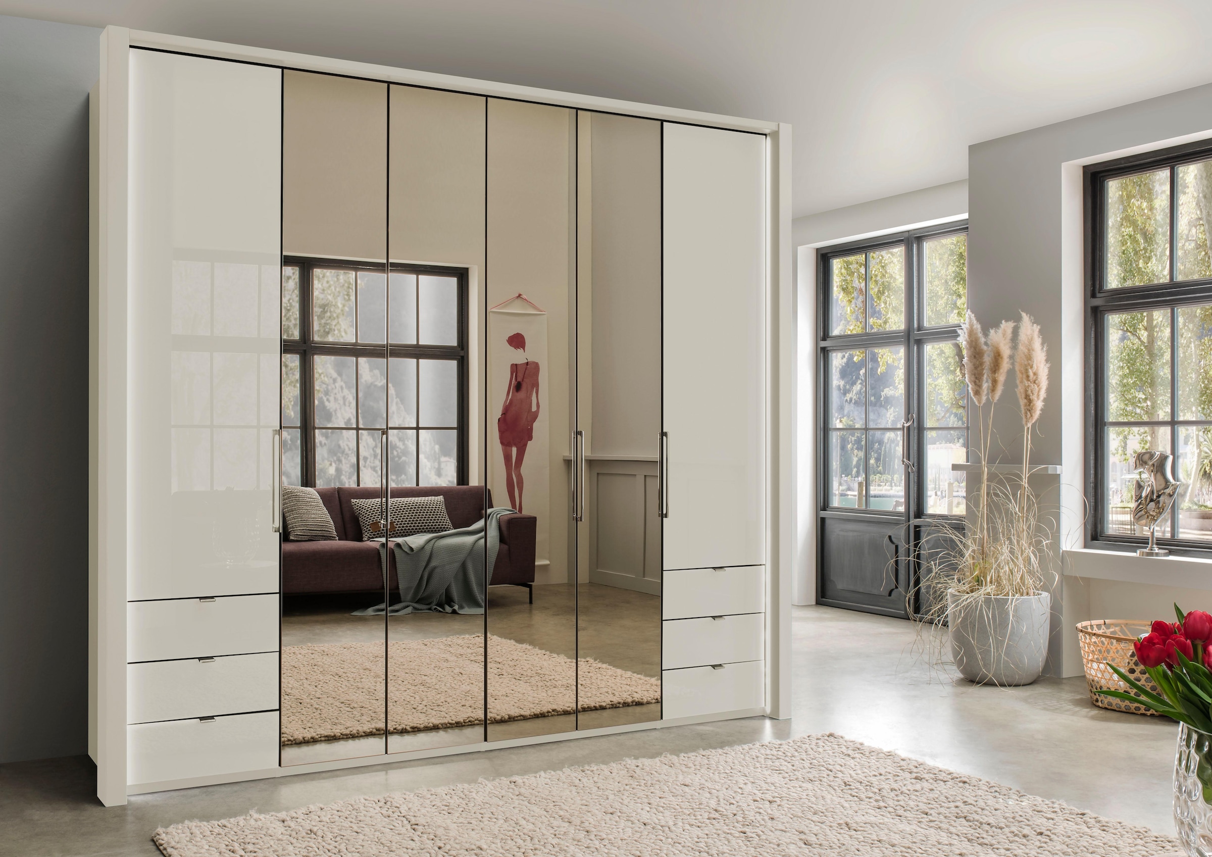 WIEMANN Falttürenschrank »Kansas, Kleiderschrank, Schrank, Wäscheschrank, mit Glas und Spiegel«, (2 Breiten, 2 Höhen 216/236 cm auswählbar, MADE IN GERMANY), inkl. gepämpften Schubkästen und Türen, mit Panoramaöffnung