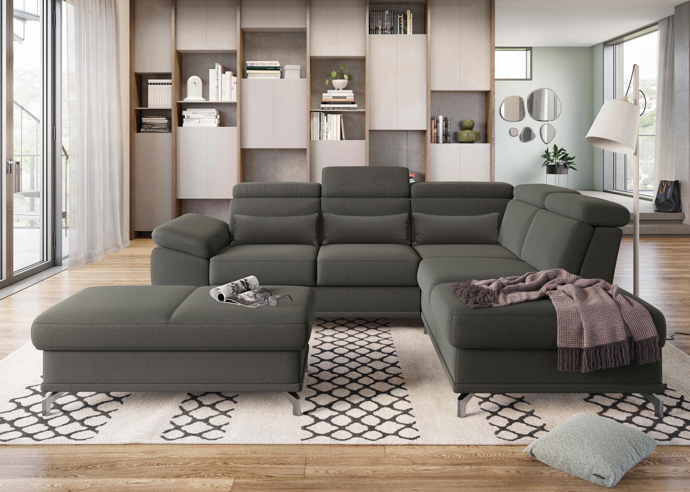 sit&more Ecksofa »Cabrio L-Form, B: 274 cm, mit Sitztiefen-, Arm- & Kopfteilverstellung«, 3 Nierenkissen, Federkern, optional Bettfunktion und Stauraum