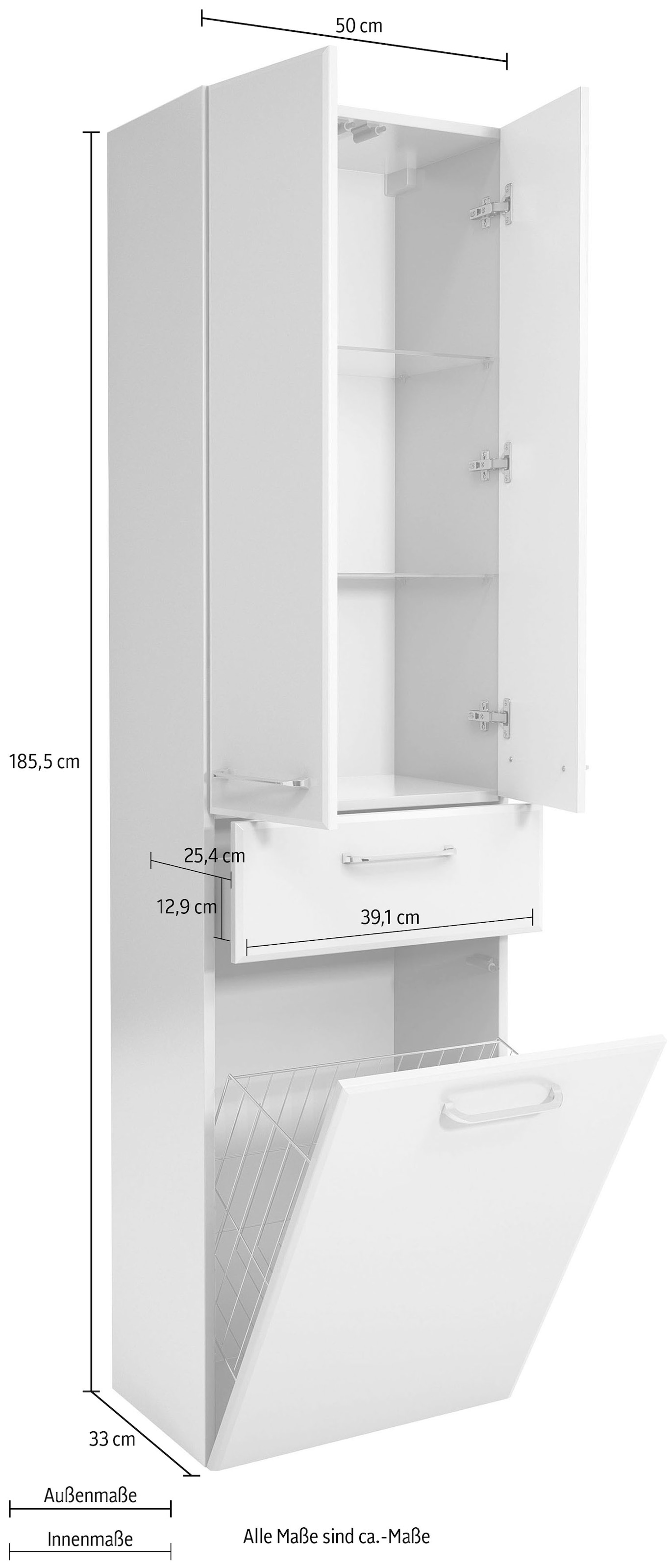 Saphir Hochschrank »Quickset Badschrank 50 cm breit, 2 Türen, 1 Schublade, 1 Wäschekippe« Badezimmer-Hochschrank inkl. Türdämpfer, Griffe in Chrom glänzend