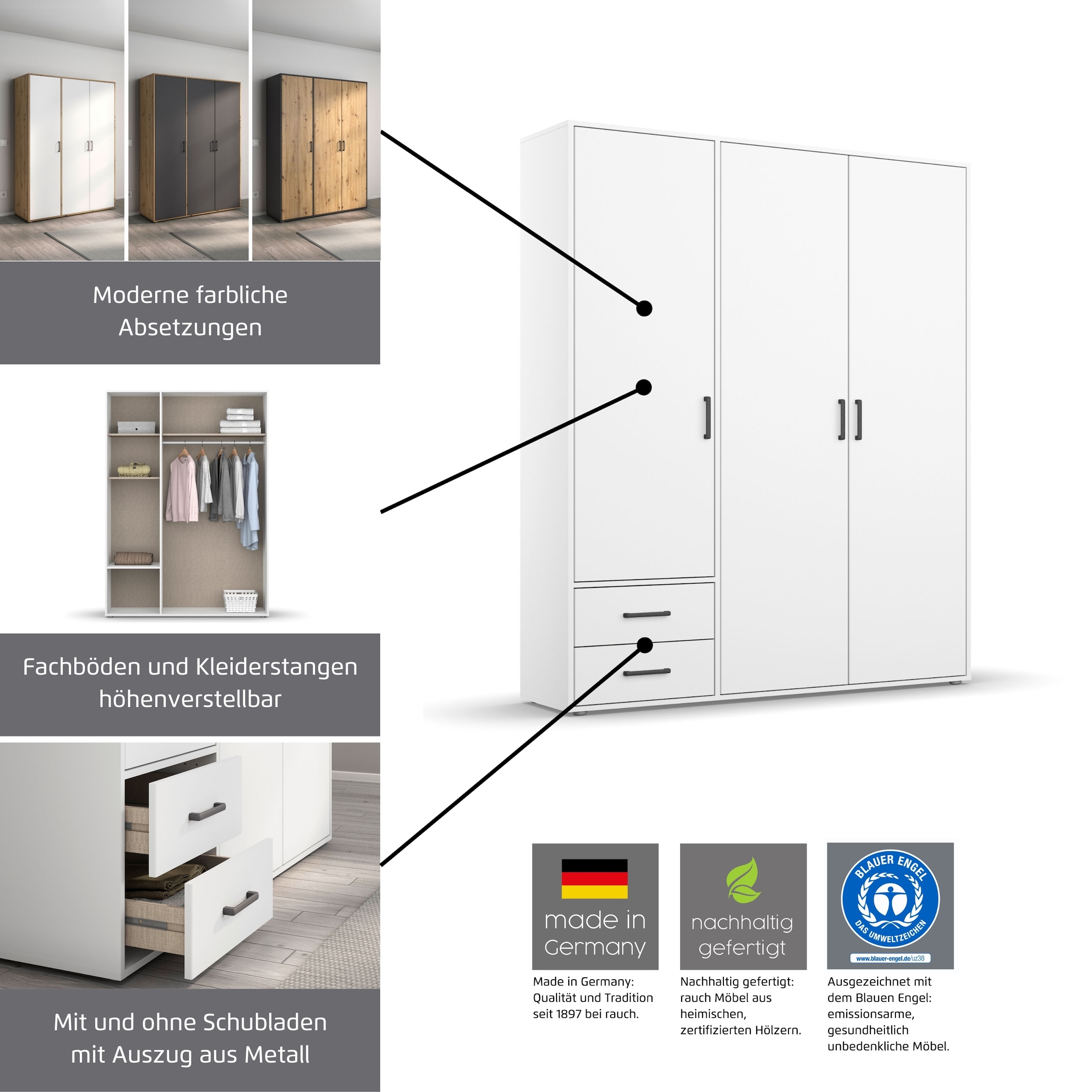 rauch Kleiderschrank, (in 3 verschiedenen Ausstattungen BASIC/CLASSIC/PREMIUM), Schrank mit modernen Griffen in viel Stauraum MADE IN GERMANY