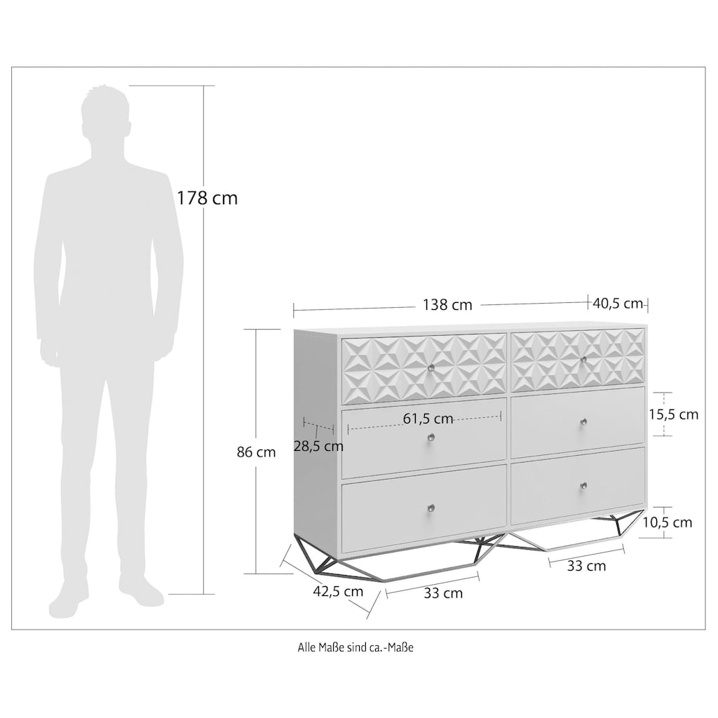 CosmoLiving by Cosmopolitan Kommode »Blair«, mit 6 Schubladen, obere 2 Schubladen mit fühlbare 3D-Texturen, goldenes Gestell aus Metall, in verschiedenen Größen erhältlich, Breite 138 cm, Höhe 86 cm