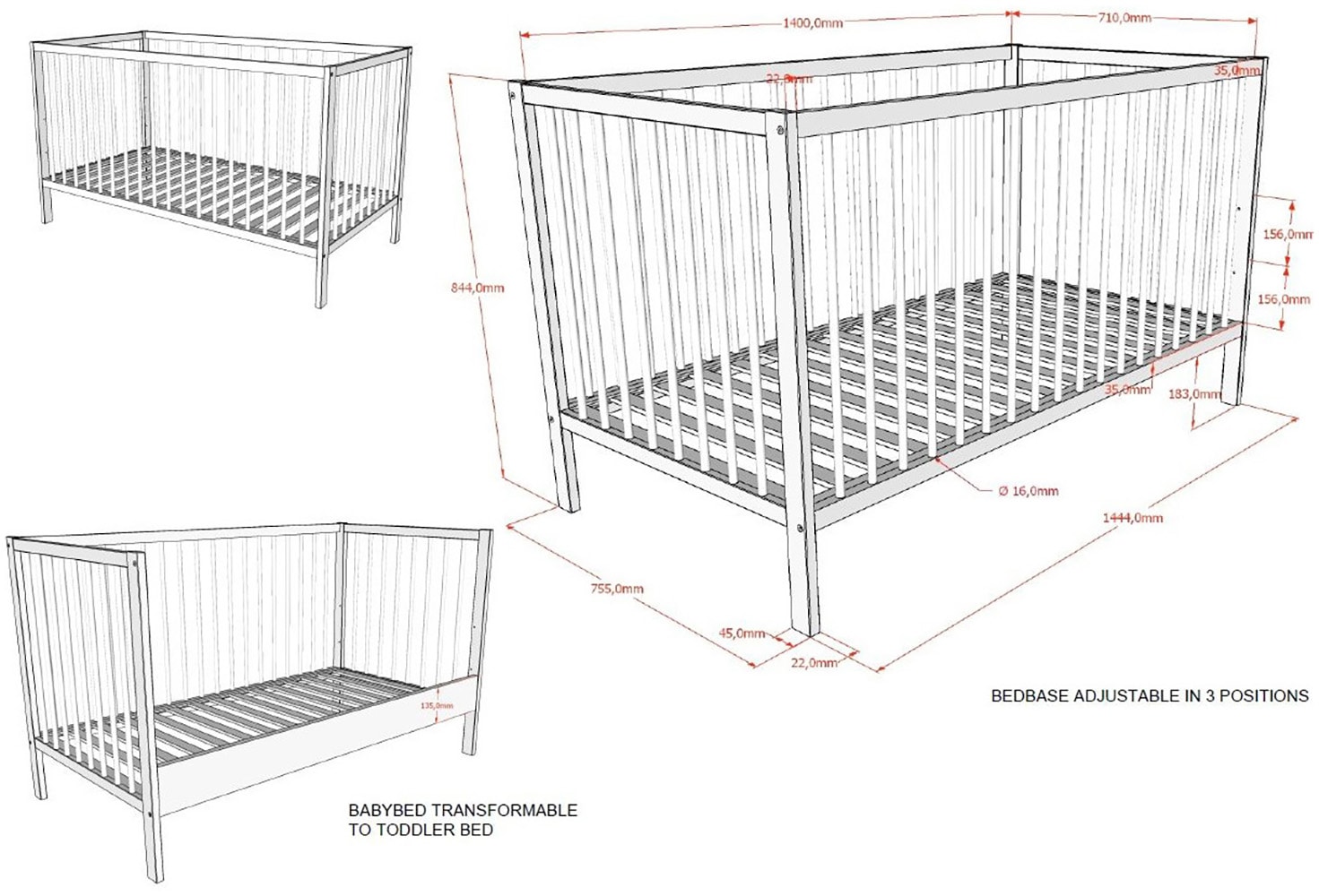 Vipack Babymöbel-Set »DINO, ideal für Ihr Kinderzimmer, Made in Europe, Buche massiv« best. aus Babybett 70/140 umbaubar zum Juniorbett u. Wickelregal, 2 tlg. Liegefläche 3-fach höhenverstellbar, Ausf. Buche Nussbaumfarbig