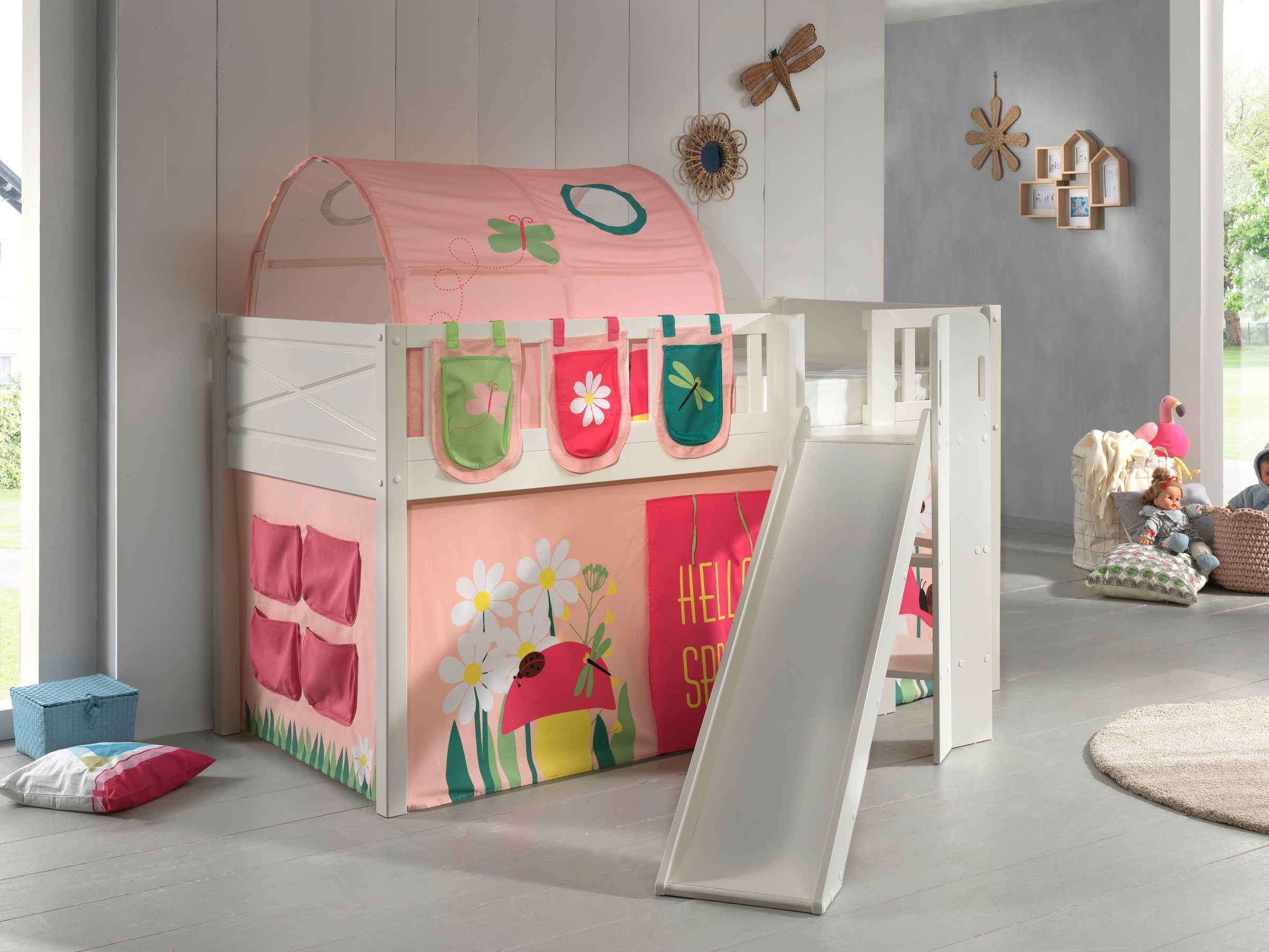 Vipack Hochbett »Scott«, (Made in Europe), mit schräger Leiter, LF 90x200 cm, Vorhang, Tunnel, 4 Designs
