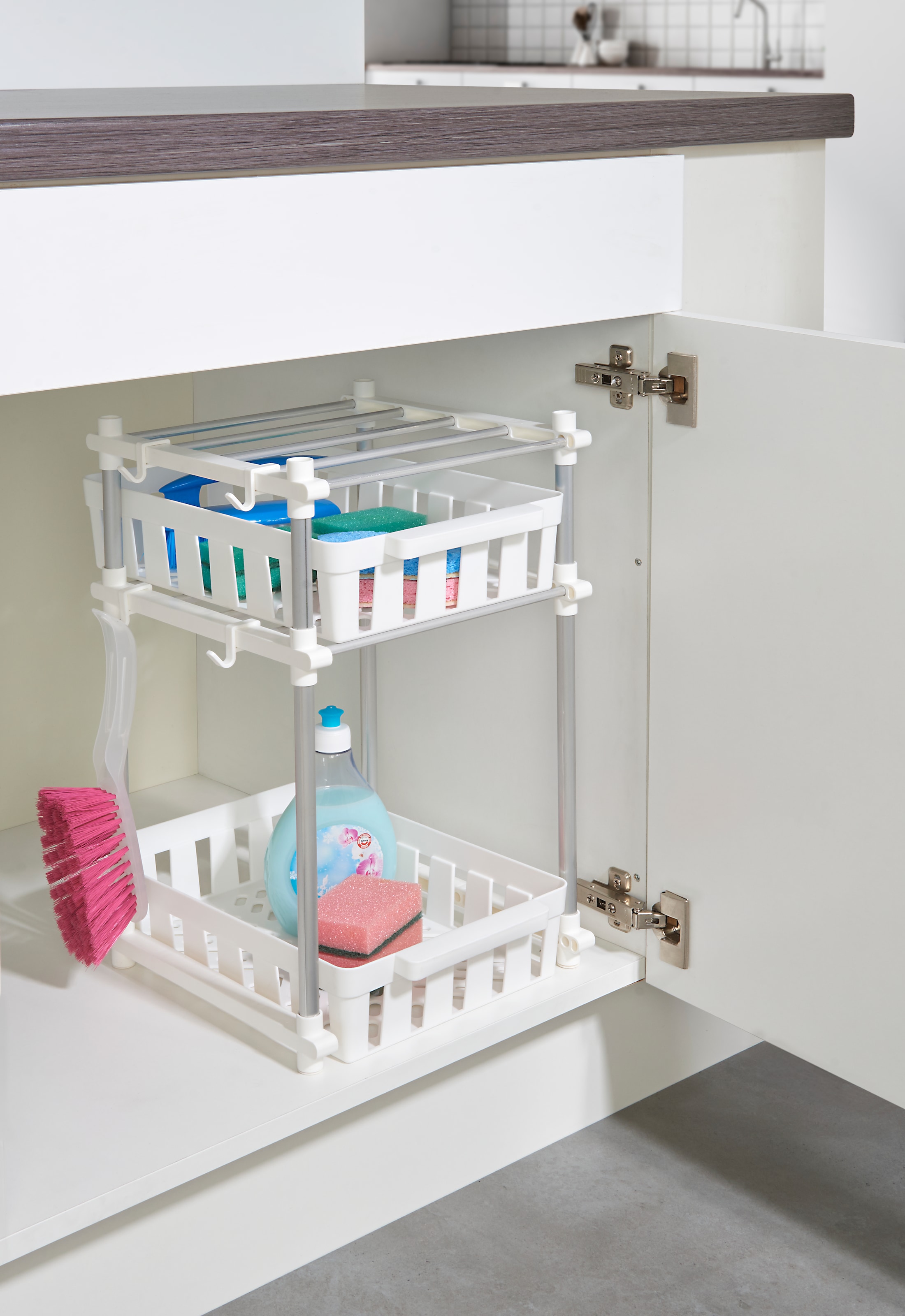 Ruco Küchenregal Spülschrank-Organizer, Inkl. 2 Körben, 4 Haken, Aluminium/Kunststoff