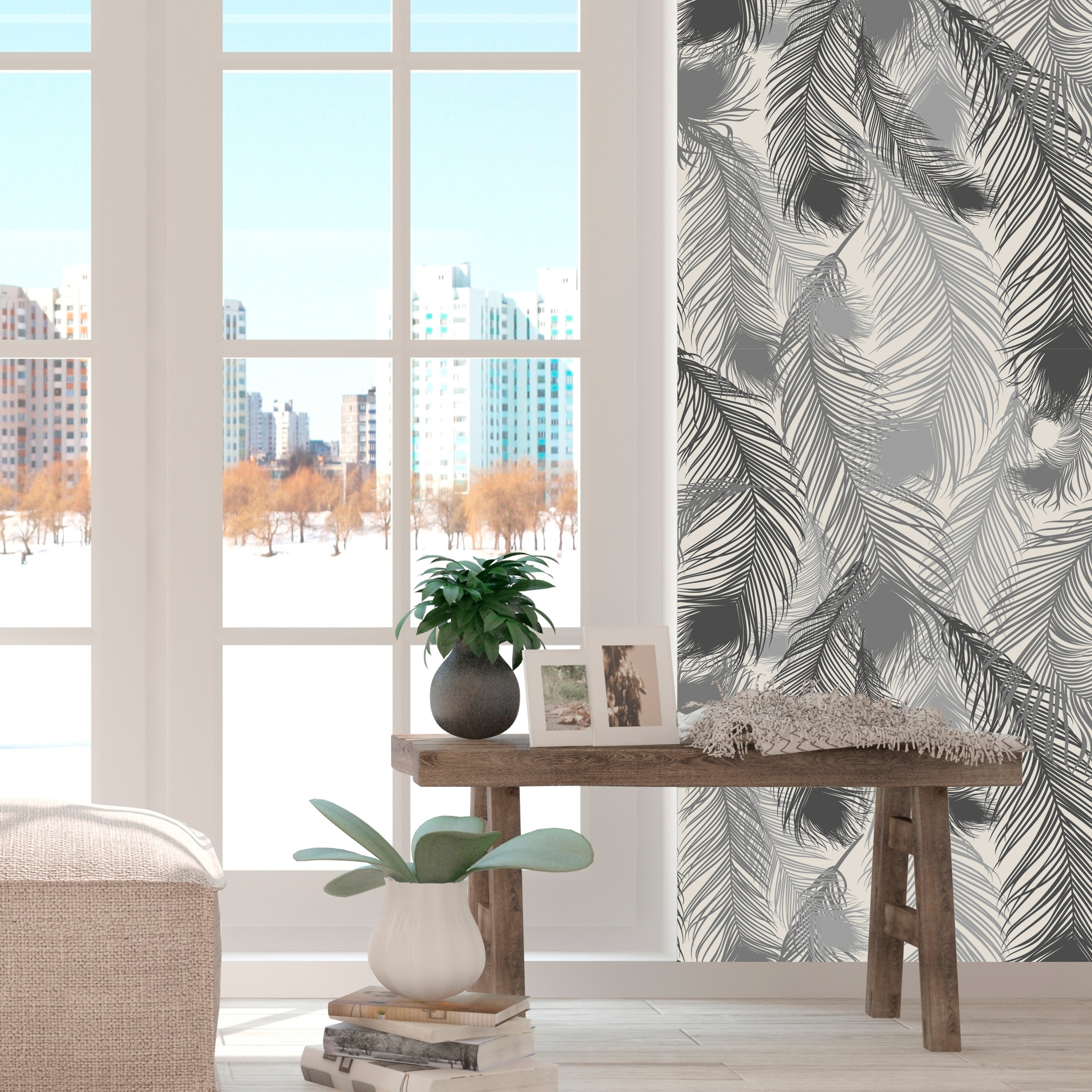 queence Vinyltapete »Federn-Grau«, bedruckt-Motiv-botanisch-floral-gemustert-natürlich, 90x250cm, selbstklebend, kinderleichte Anbringung, Sticker