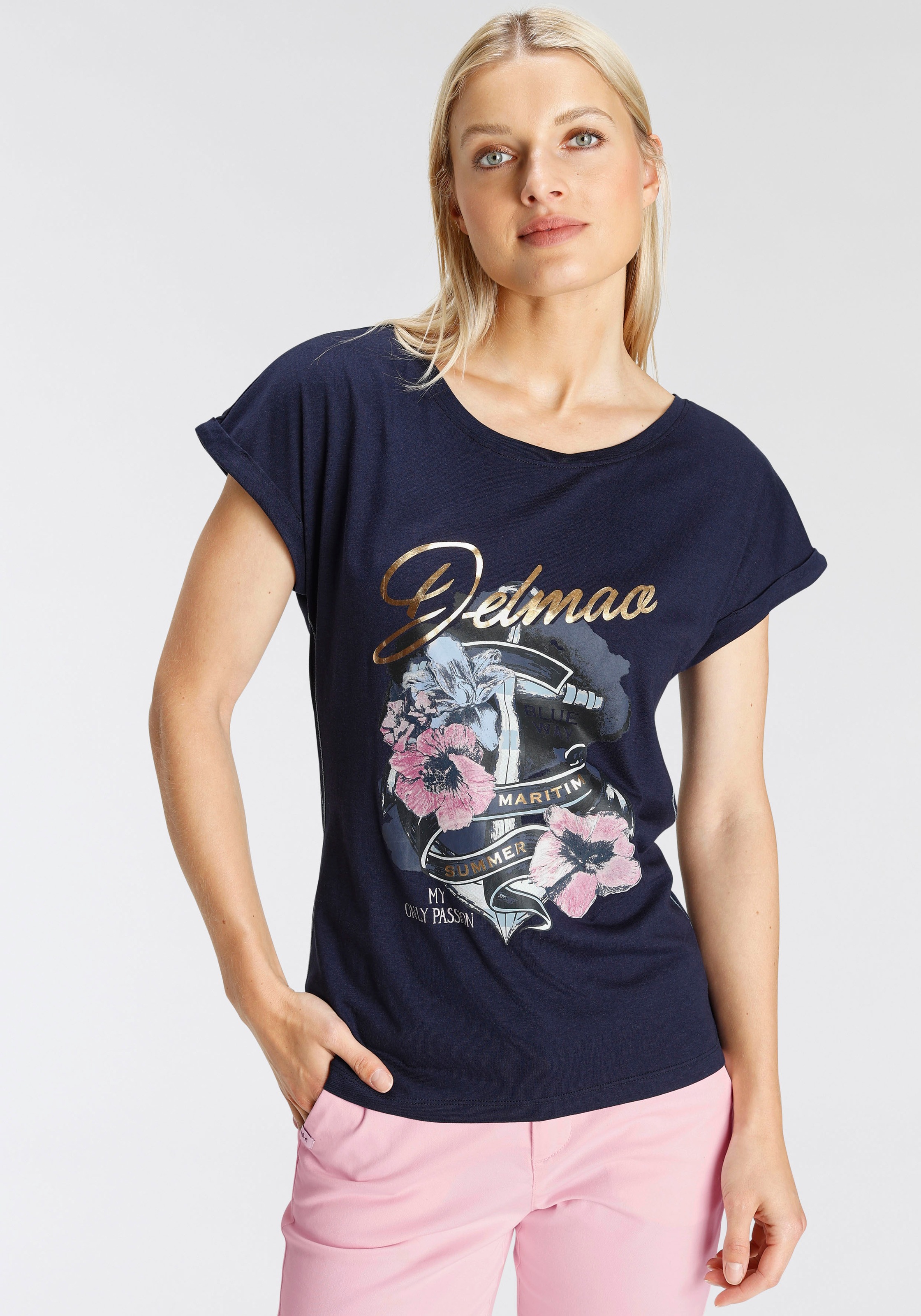DELMAO Print-Shirt mit geblümten Anker-Logodruck NEUE MARKE!