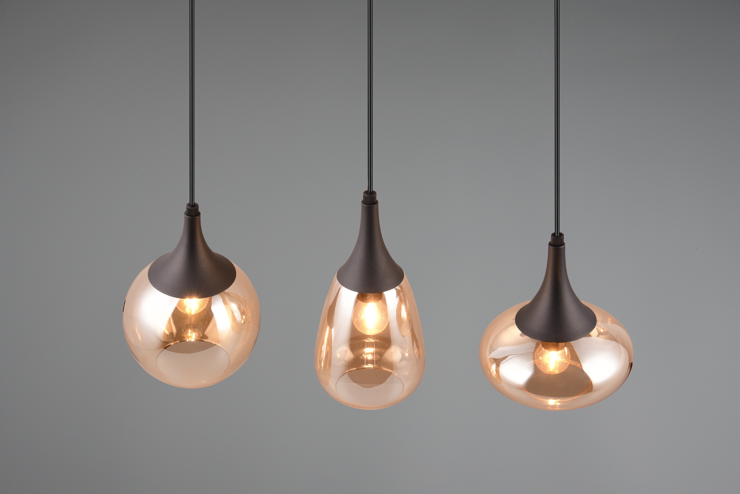 TRIO Leuchten Pendelleuchte »Lumina, E14 Hängelampe 3-flammig Glasschirme in 3 Formen amberfarbig« E14 1 Stk. warmweiß - kaltweiß exkl 3x E14 max 40W, Hängeleuchte höhenverstellbar bis max 150 cm