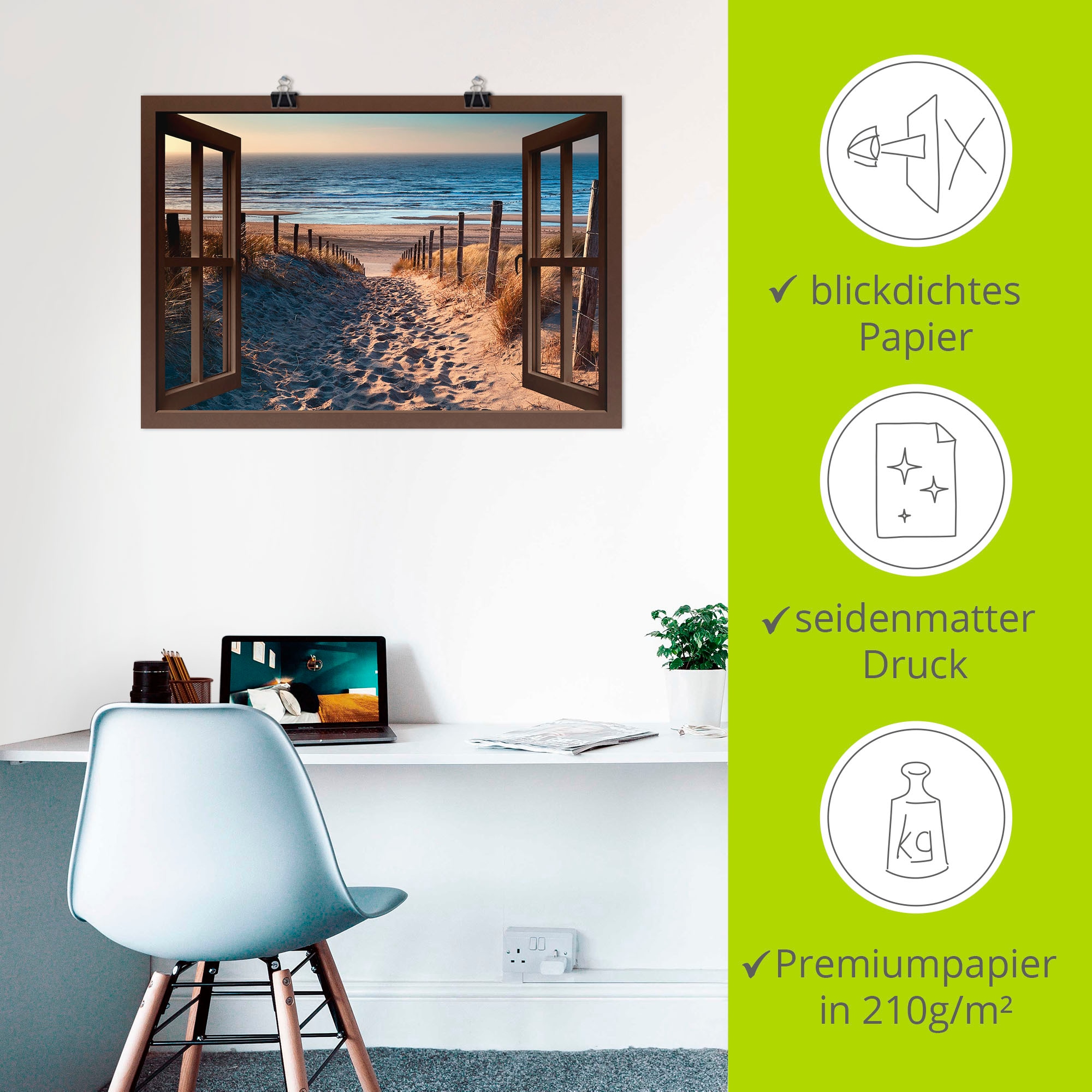 Artland Wandbild »Fensterblick Weg zum Nordseestrand«, Strand, (1 St.), als Leinwandbild, Poster, Wandaufkleber in verschied. Größen