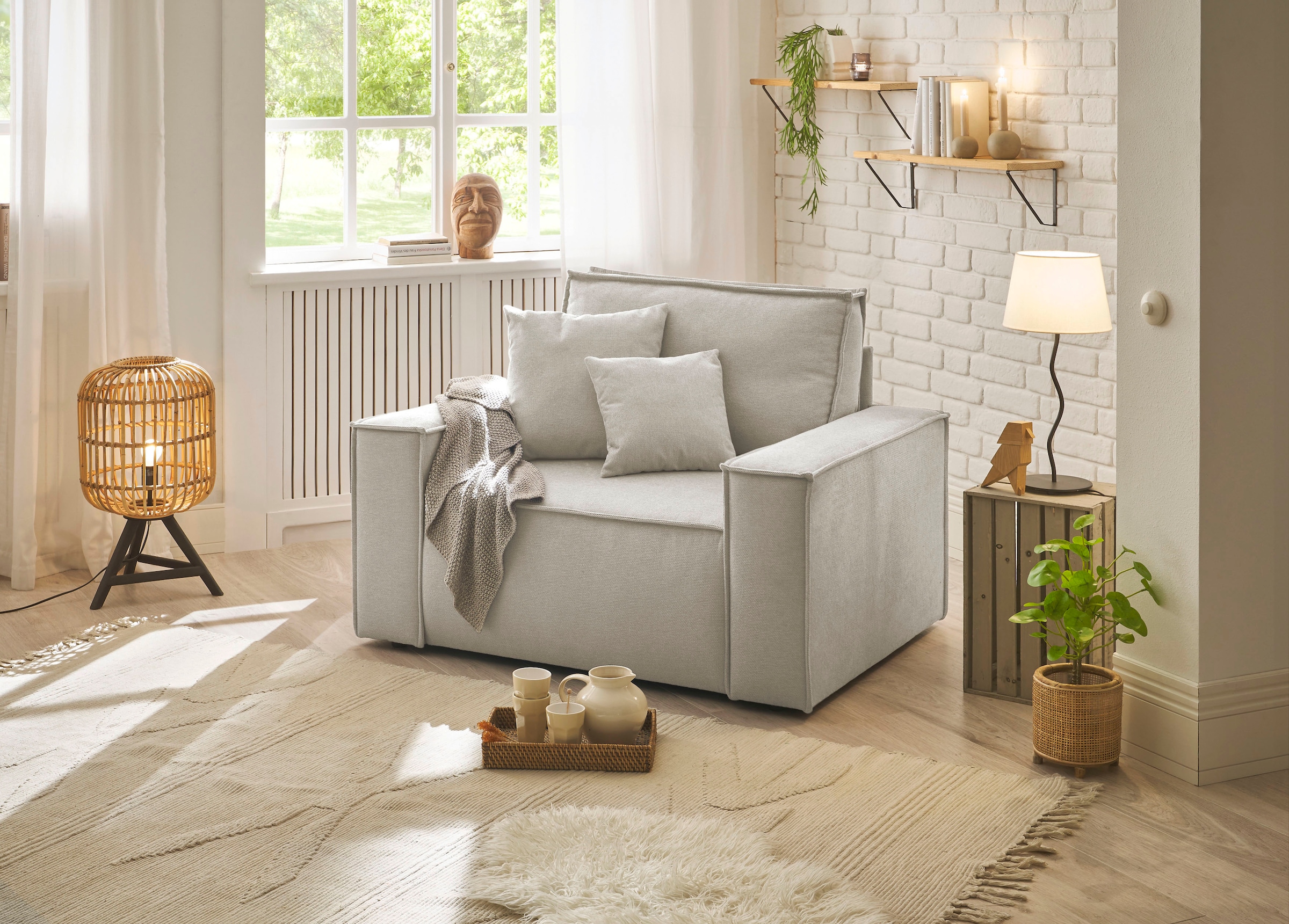 OTTO home Loveseat »FINNLEY Struktur fein, XXL-Sessel, Lesesessel, inkl. Zierkissen« 1 Stk. tlg. verfügbar in den Stoffqualitäten Bouclé, Struktur fein und Mega Cord