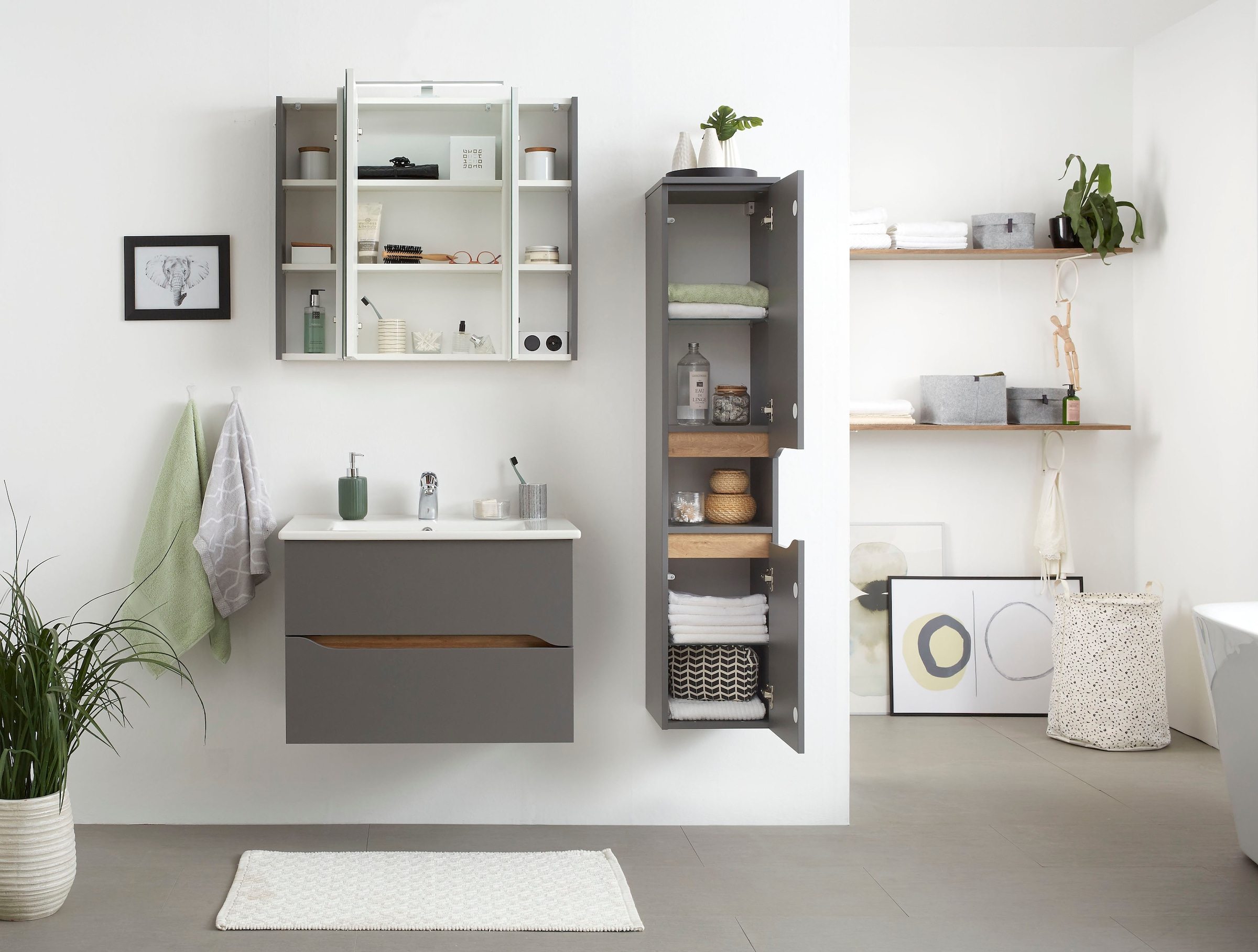 Saphir Badmöbel-Set »Quickset 3-teilig, Keramikwaschtisch mit LED-Spiegelschrank« 3 Stk. tlg.