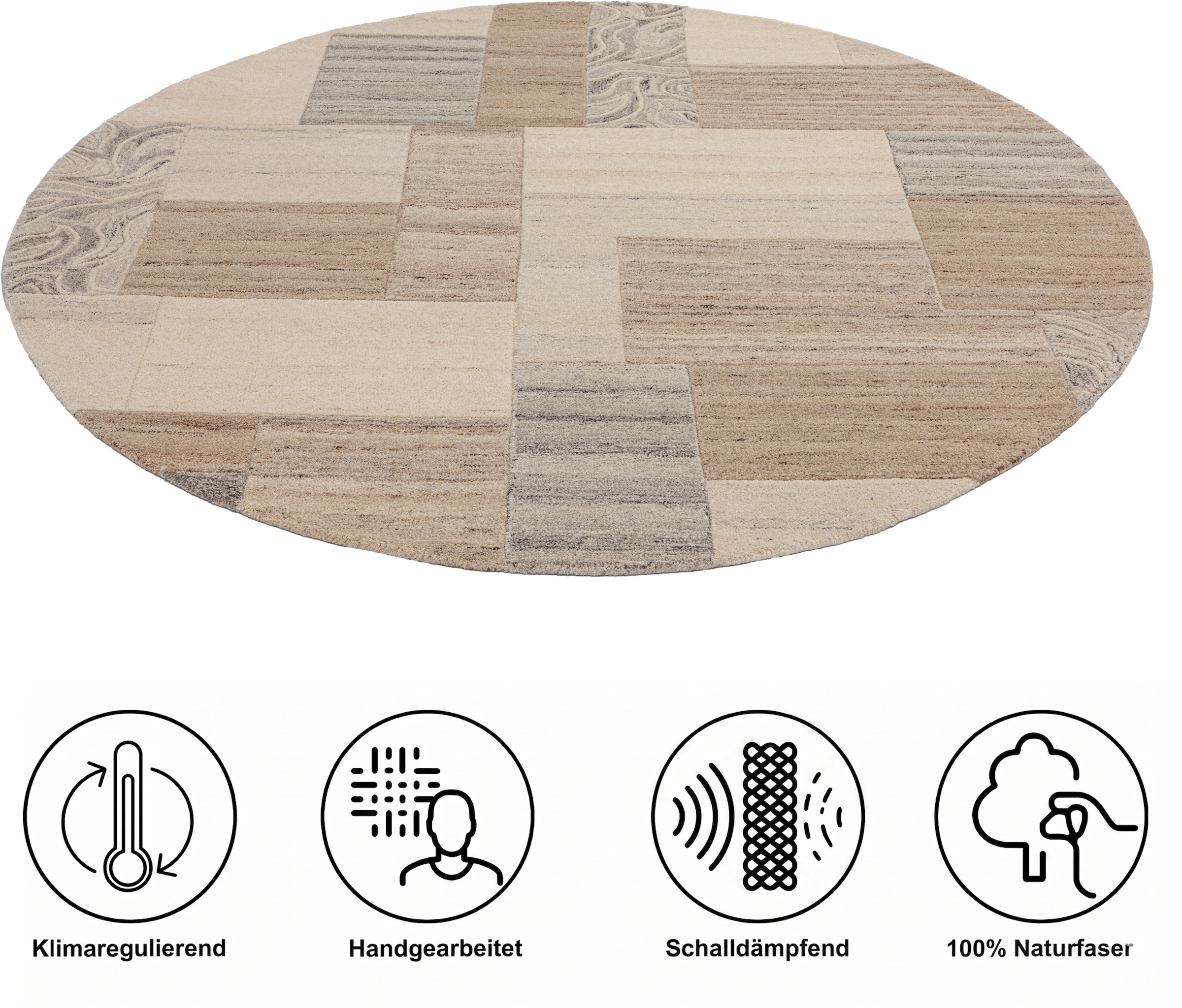 THEKO Wollteppich »Lola,  Wolle, handgearbeitet, Patchwork Design« rund 12 mm Höhe handgetuftet, Wohnzimmer, Schlafzimmer, Esszimmer