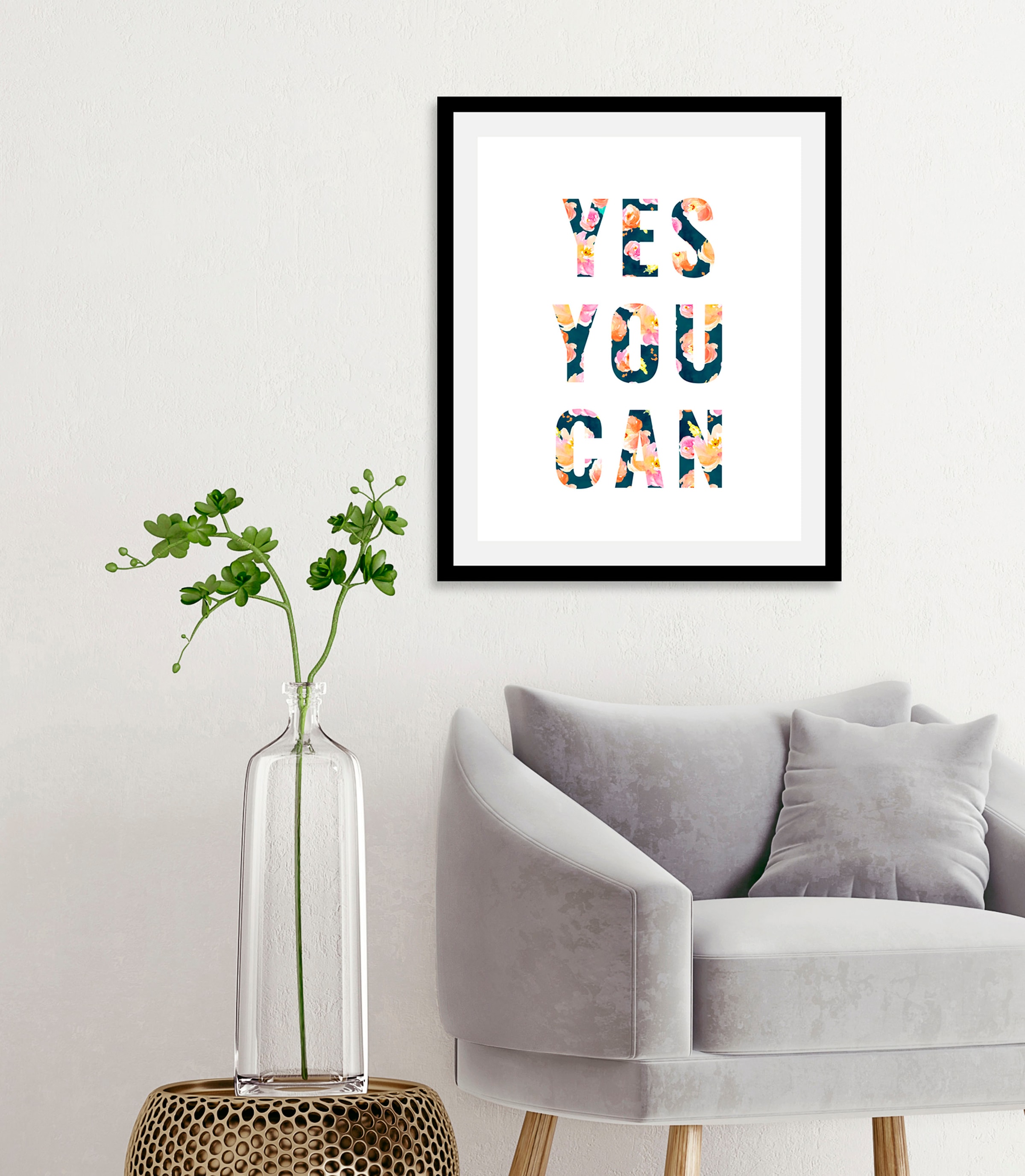 queence Bild »Yes you can« Blumen | Motivationsbilder | Schriftzug | Schriftzüge | Sprüche & Texte 1 Stk. tlg. gerahmt