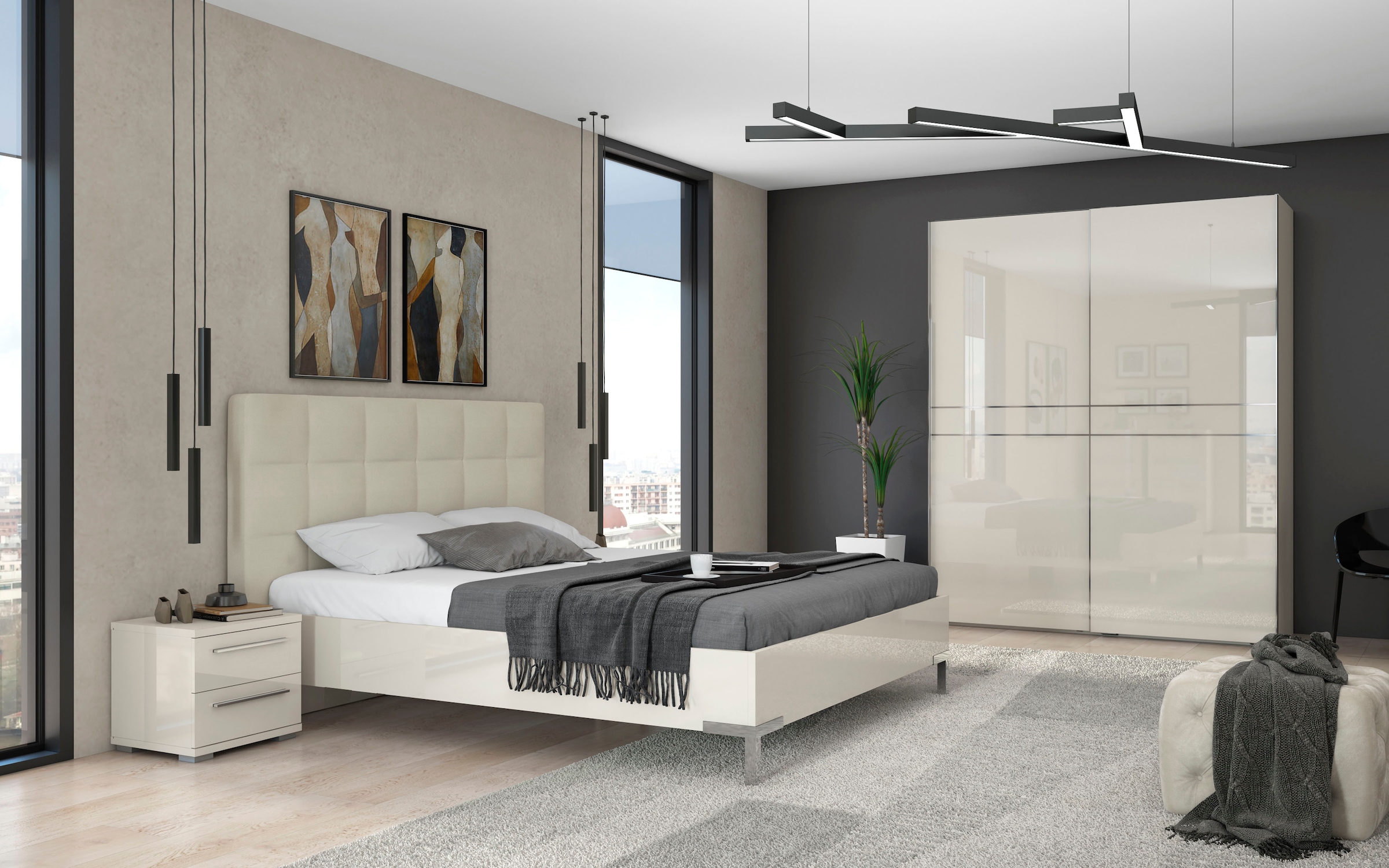 PLACES OF STYLE Schwebetürenschrank »Piano, FSC-zertifiziert, mit Einlegeböden und Kleiderstangen« in 3 Breiten, 224cm hoch, mit verchromten Aufleistungen,  UV lackiert, hochglänzend, mit Soft-Close Funktion, in beige oder weiß