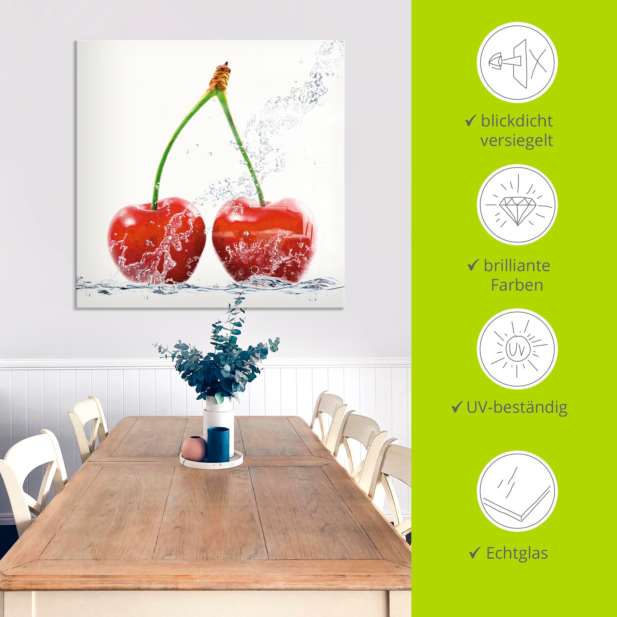 Artland Glasbild »Kirschen mit Spritzwasser« Lebensmittel 1 Stk. tlg. in verschiedenen Größen