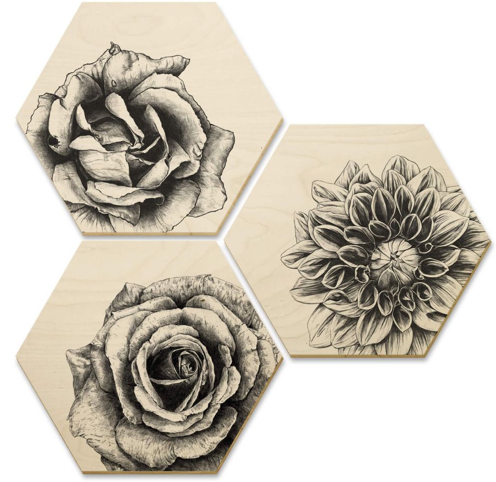 Wall-Art Mehrteilige Bilder »Hexagon bestellen 3 Blumen St.) Raten auf Set«, Holzbilder (Set