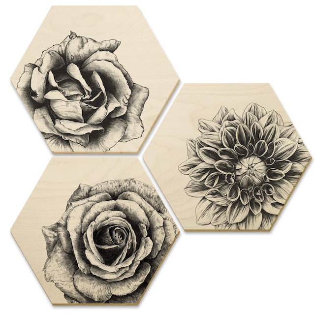 Wall-Art Mehrteilige Bilder »Hexagon Holzbilder Blumen Set«, (Set, 3 St.)  auf Raten bestellen