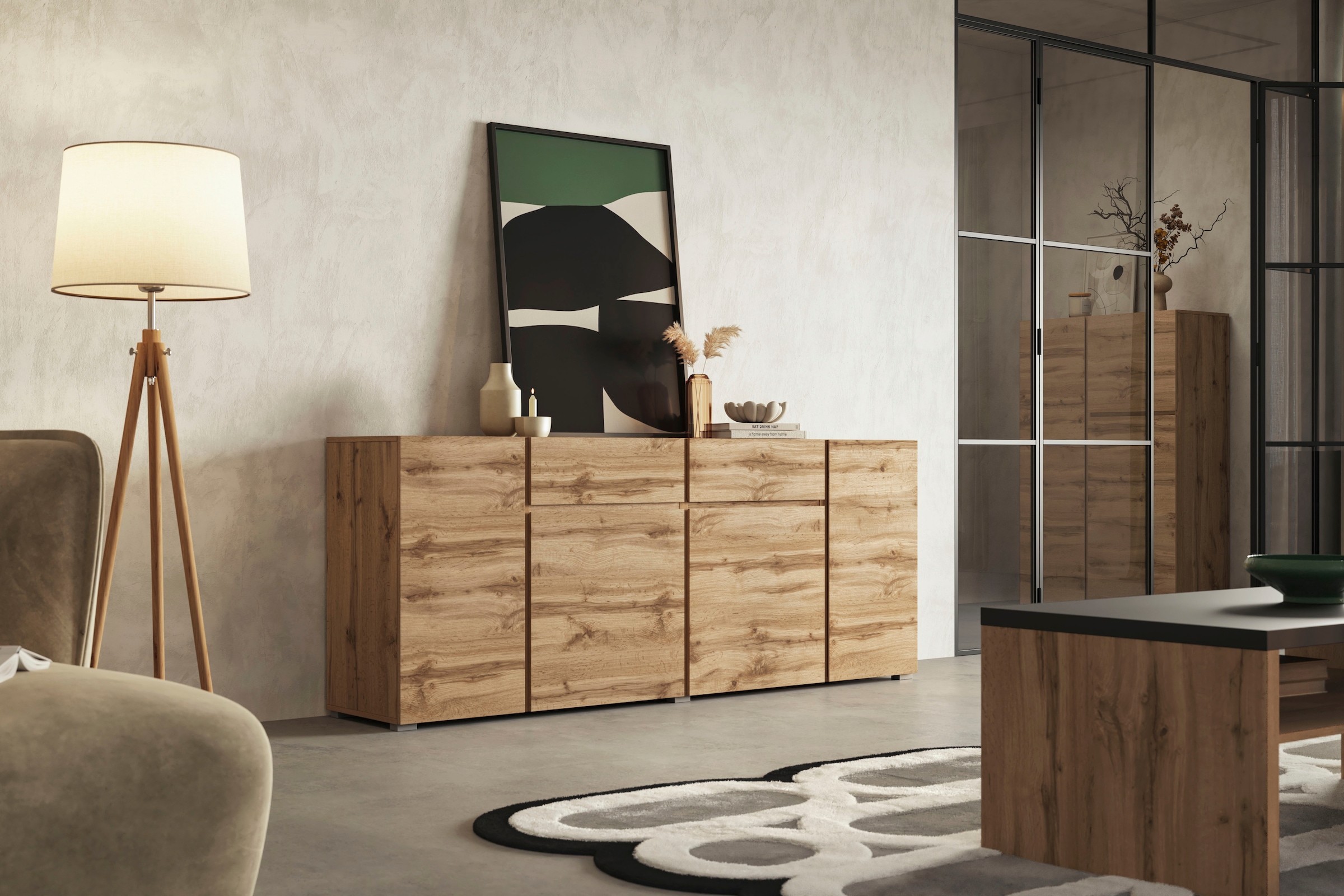 INOSIGN Kombikommode »Asymetric,Breite 195 cm, grifflose Kommode 4 Türen/2 Schubkästen«, Schubladenschrank mit viel Stauraum, Einlegeböden verstellbar