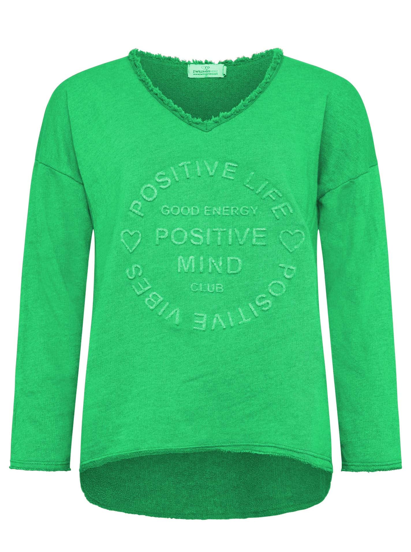 Zwillingsherz Sweatshirt »"Positive Mind"«, ausgefranster V-Ausschnitt, Used Look, Langarm, Schriftzug