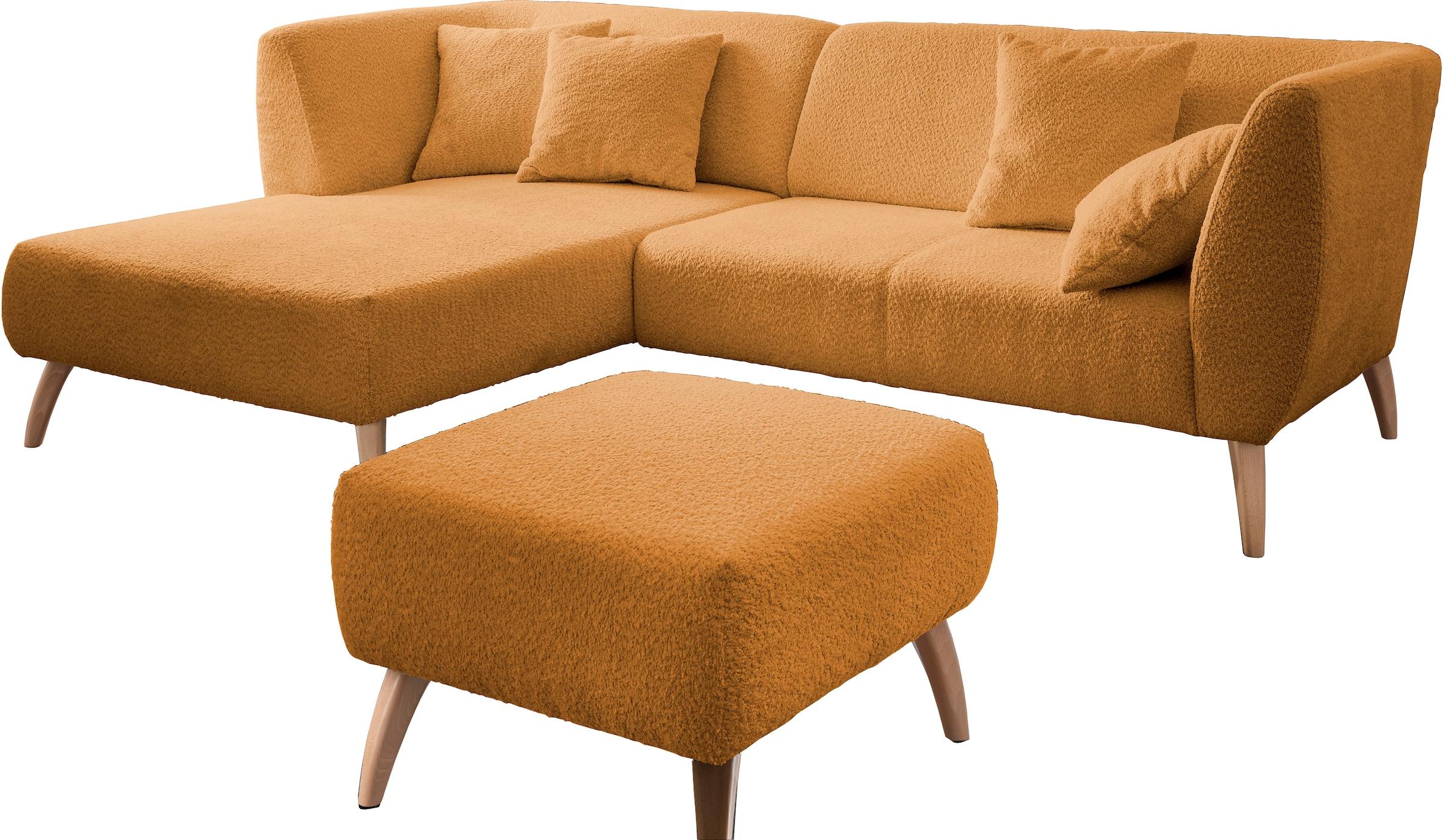 INOSIGN Ecksofa »Colori Polstermöbel mit zeitlos eleganter Rückenführung. L-Form«, Holzfußfarbe wählbar, inkl. 4x Zierkissen