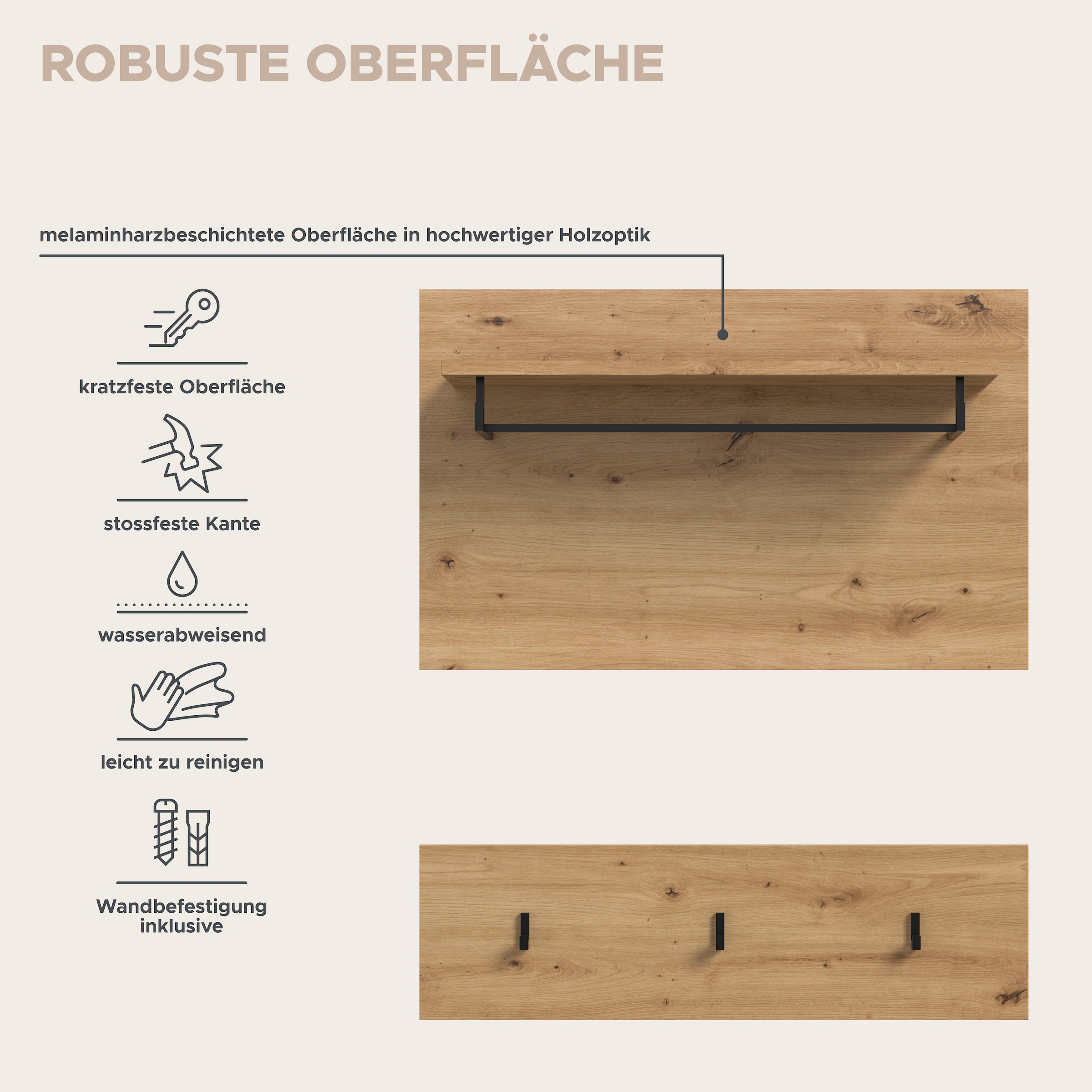 Home affaire Garderobenpaneel »REHAT, TOPSELLER!, 2-teilig, bestehend aus: Paneel & Hakenleiste« in verschiedenen Farben erhältlich, 1 Stk. tlg. Paneel, Hakenleiste, Wandboard, Garderobe, Garderobenleiste