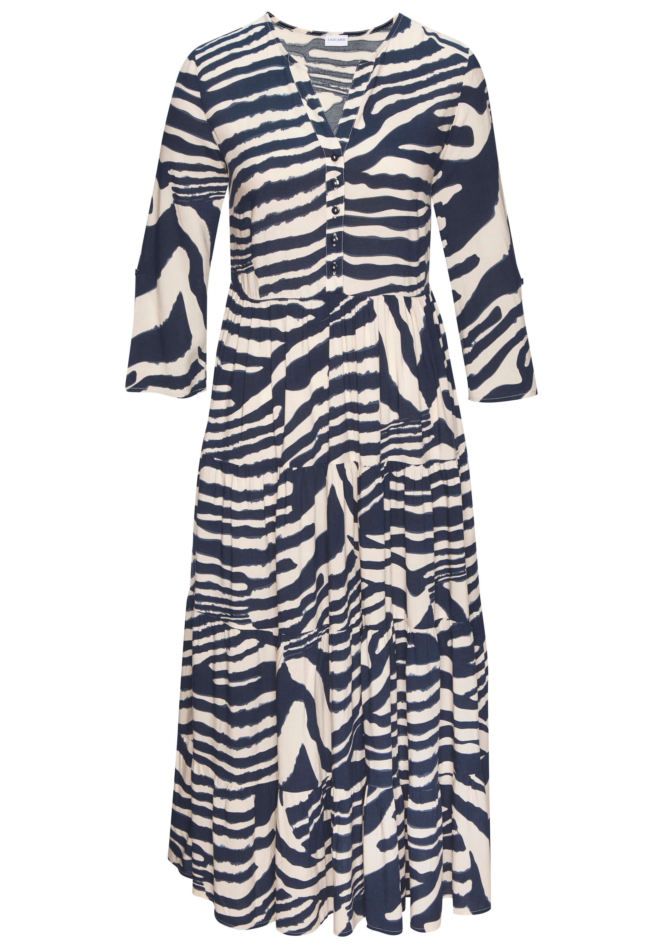 LASCANA Maxikleid »mit Animalprint und kurzer Knopfleiste aus Webware, 3/4-Ärmel« Ohne Taschen Sommerkleid in lockerer Passform, Kaftankleid mit weitem Rockteil