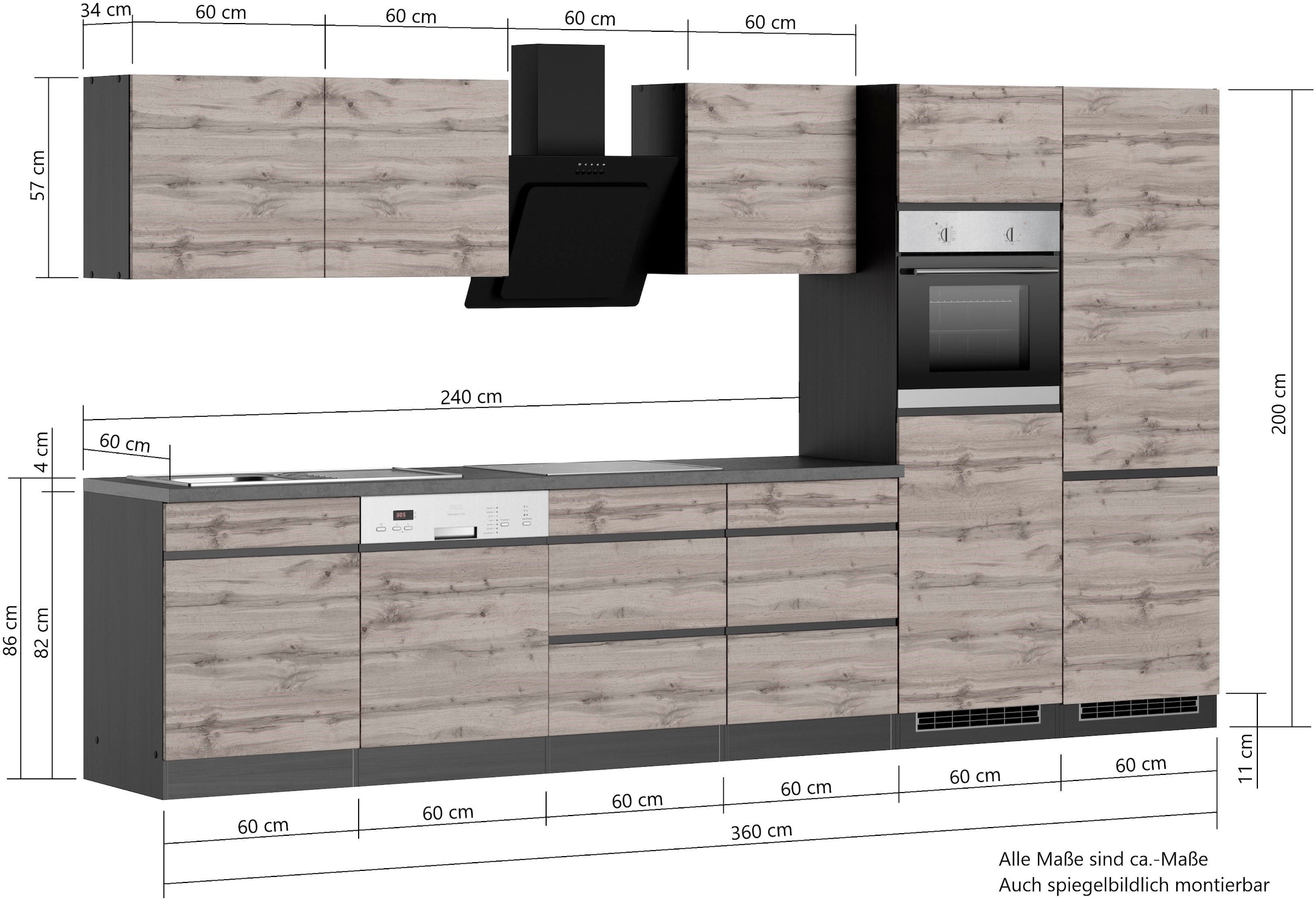 KOCHSTATION Küchenzeile »KS-Riesa« Stellbreite 360 cm, wahlweise mit Induktionskochfeld