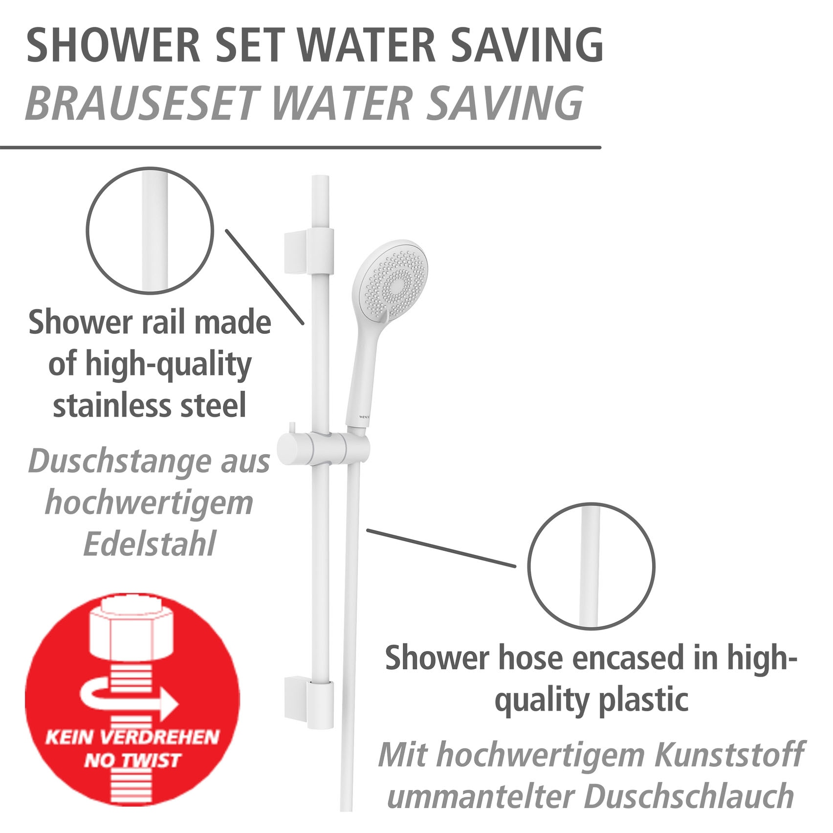 WENKO Stangenbrause-Set »Watersaving« Set, 6 Stk. tlg. Schwarz, Länge Stange: 70 cm