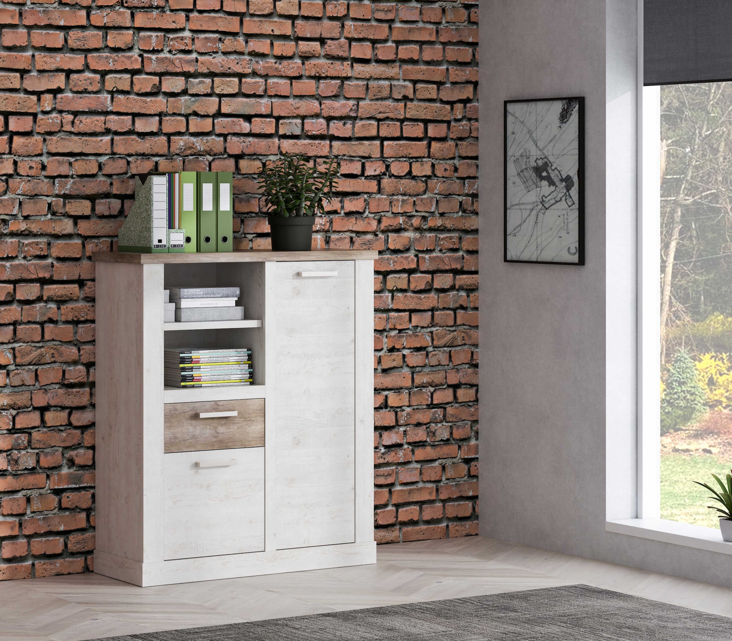 FORTE Highboard »Duro«, Mehrzweckschrank mit Türen & Schublade, Landhausstil, Breite 109,8 cm