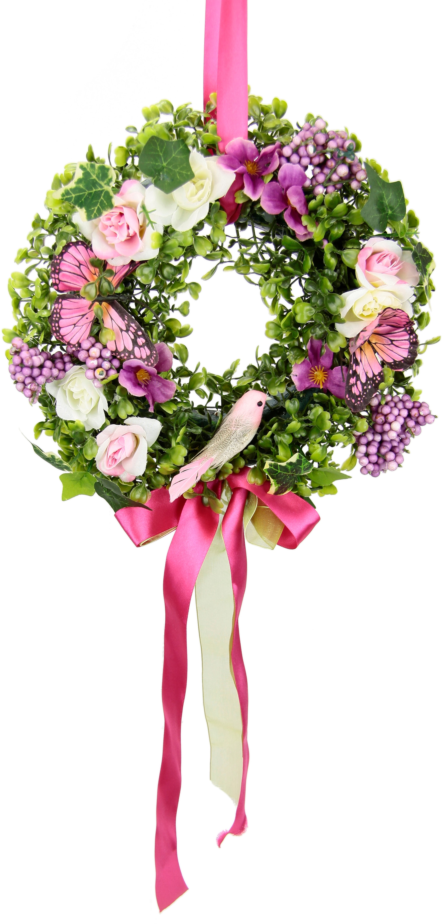 I.GE.A. Kunstkranz »Aus Buchs, mit Rosen, Schleife, Schmetterling und Vogel«, Wandkranz mit künstlichen Kranz Rosenkranz