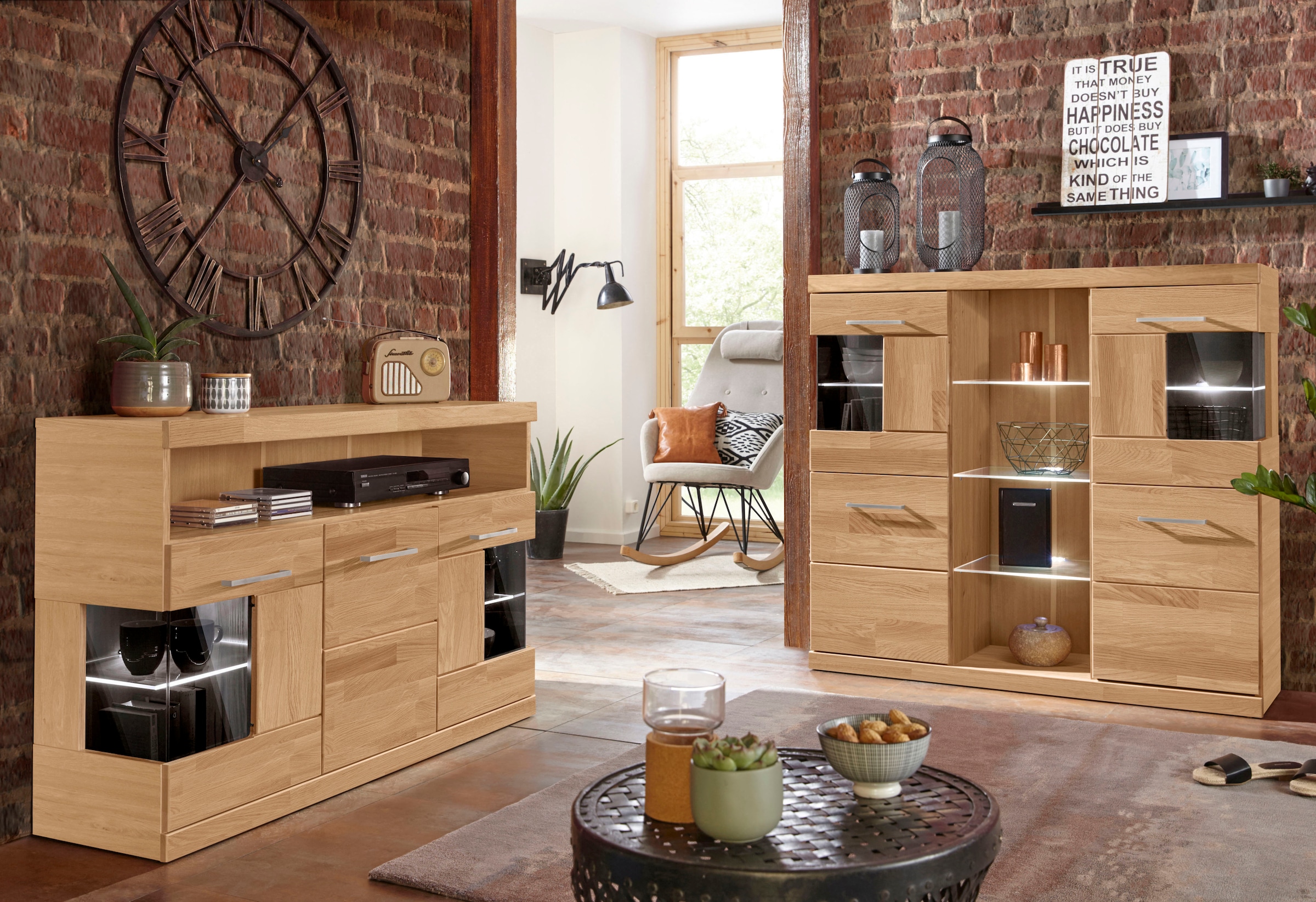 Home affaire Highboard »Ribe,120cm breit,112cm hoch,Oberplatte massiv,12 Fächer«, Holz massiv, Holzwerkstoff, Metall Griffe,2Türen mit Glaseinsatz