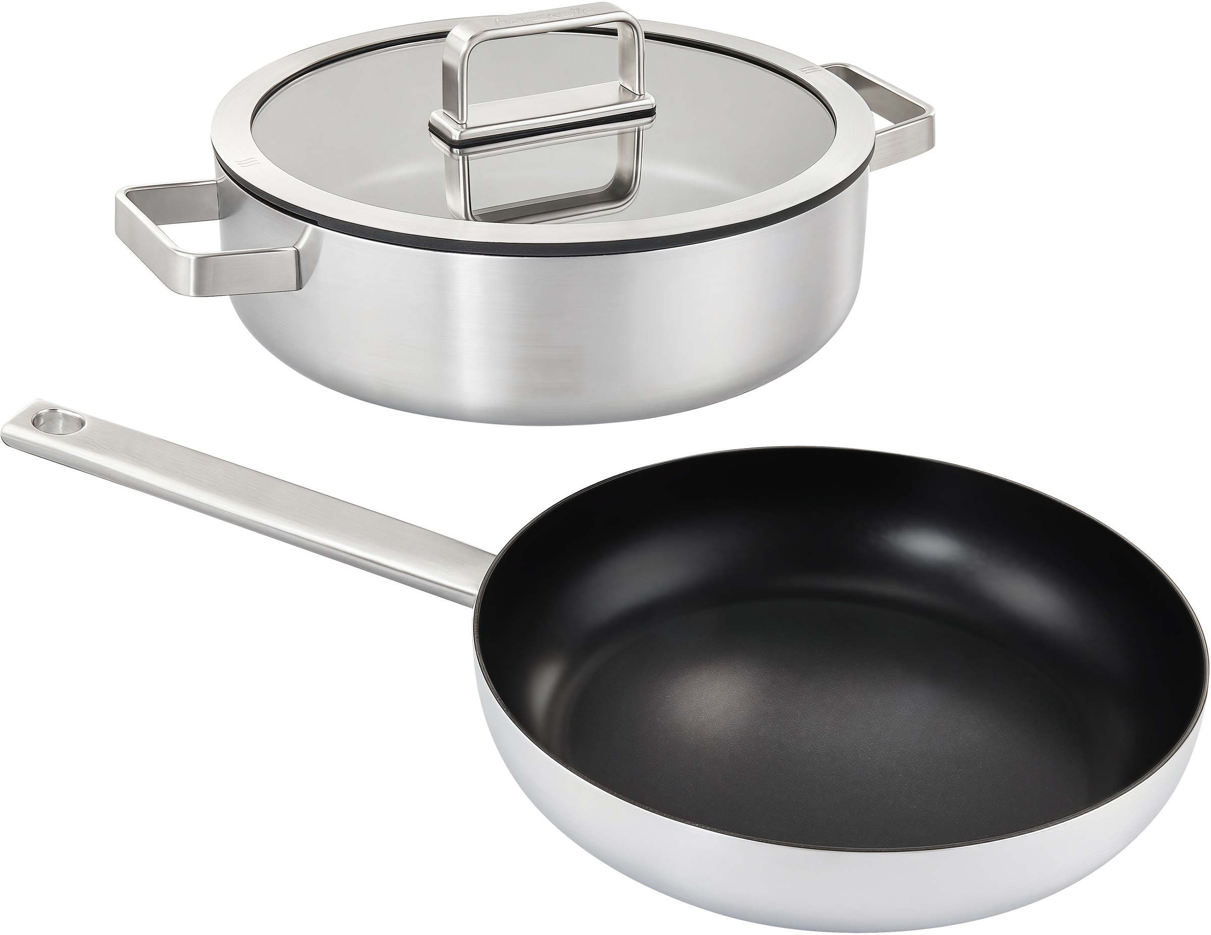 Hanseatic Pfannen-Set "PREMIUM" Edelstahl Set, 1x Pfanne 24 cm, 1x Servierpfanne 28 cm mit Deckel, 3 Stk. tlg. mit Antihaftbeschichtung, für alle Herdarten, Induktion