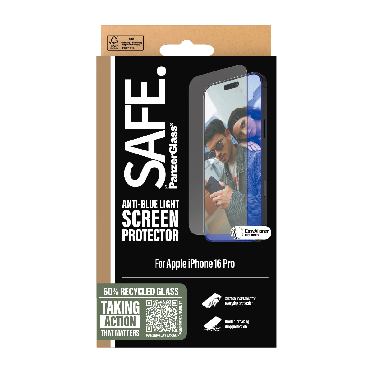 SAFE by PanzerGlass Displayschutzglas »Anti-Blue Light Screen Protection«, für Apple iPhone 16 Pro, (1 St.), Displayschutzfolie, Schutzfolie, Bildschirmschutz, kratz- & stoßfest