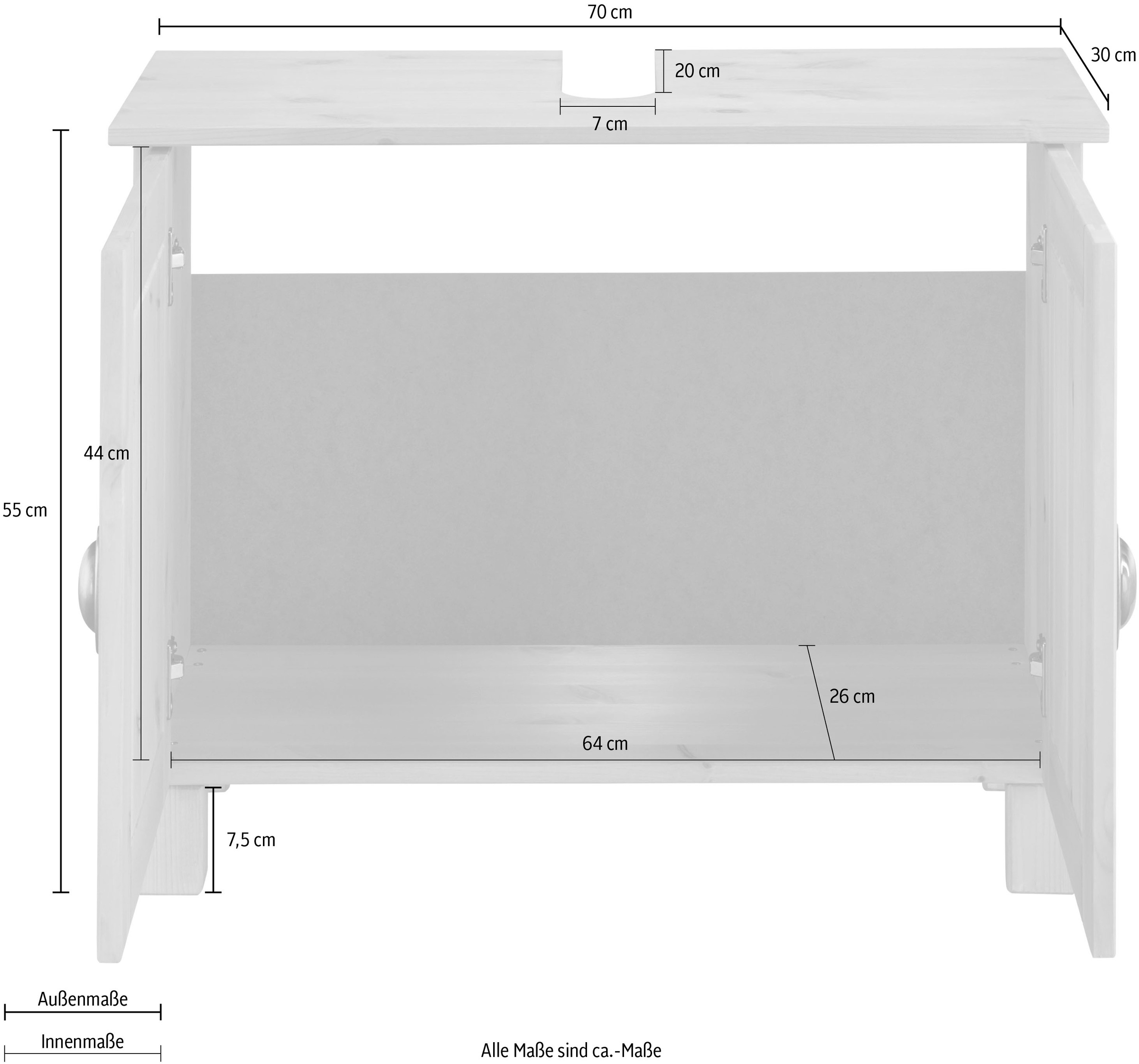 Home affaire Waschbeckenunterschrank »Oslo«, in massiver Kiefer, mit 2 Türen, Breite 70 cm, Höhe 55 cm
