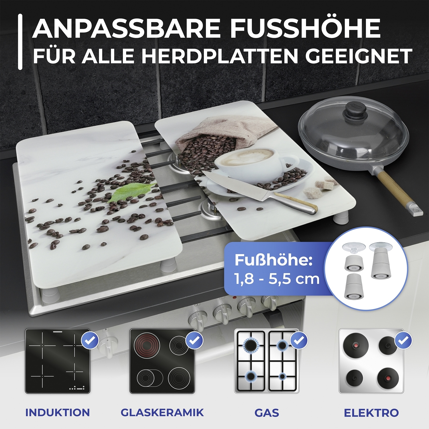 Maximex Herd-Abdeckplatte »Universal Modell CAFÉ AROMATICA«, (Set, 2 tlg.), für Induktions-, Glaskeramik-, Elektro- und Gasherde, höhenverstellbar