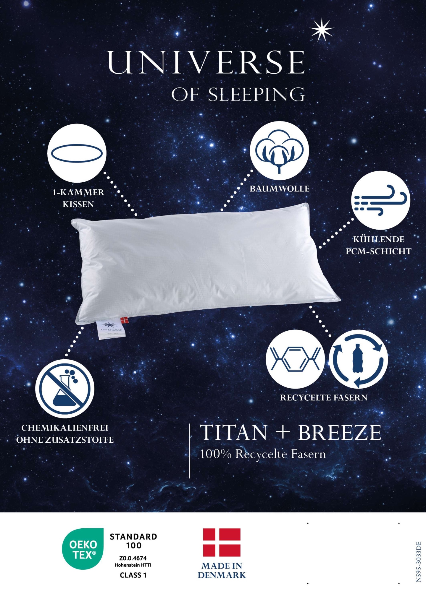 Universe of sleeping Kunstfaserkopfkissen »Titan Breeze Klimaaktives Baumwollbezug, klimaregulierendes Kissen«, Füllung: 100% recycelte weiche Faserbällchen, (1 St.), Kopfkissen 40x80 cm, Medium Höhe, Made in Denmark