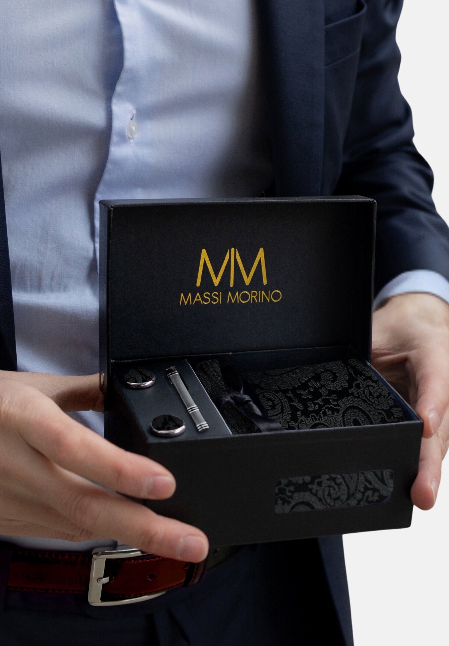 Massi Morino Krawatte »Massi Morino Krawatten-Set« mit Einstecktuch, Manschettenknöpfen und Krawattenklammer