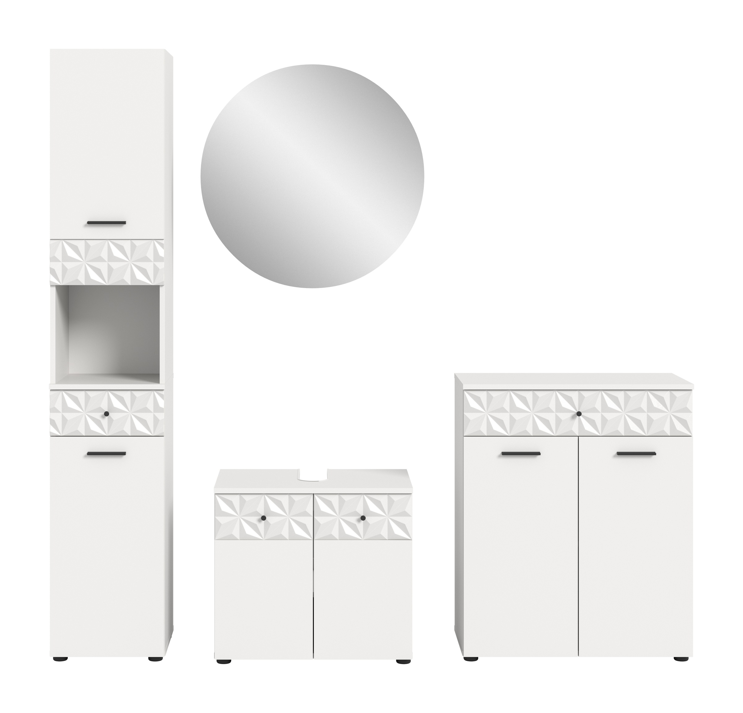 INOSIGN Badezimmer-Set »VICENZA, TOPSELLER!, Breite 195cm, 4-teilig, mit Ornamentabsetzung«, (Hochschrank, Waschbeckenunterschrank, Spiegelschrank & Unterschrank), Hochschrank, Waschbeckenunterschrank, Spiegelschrank und Unterschrank